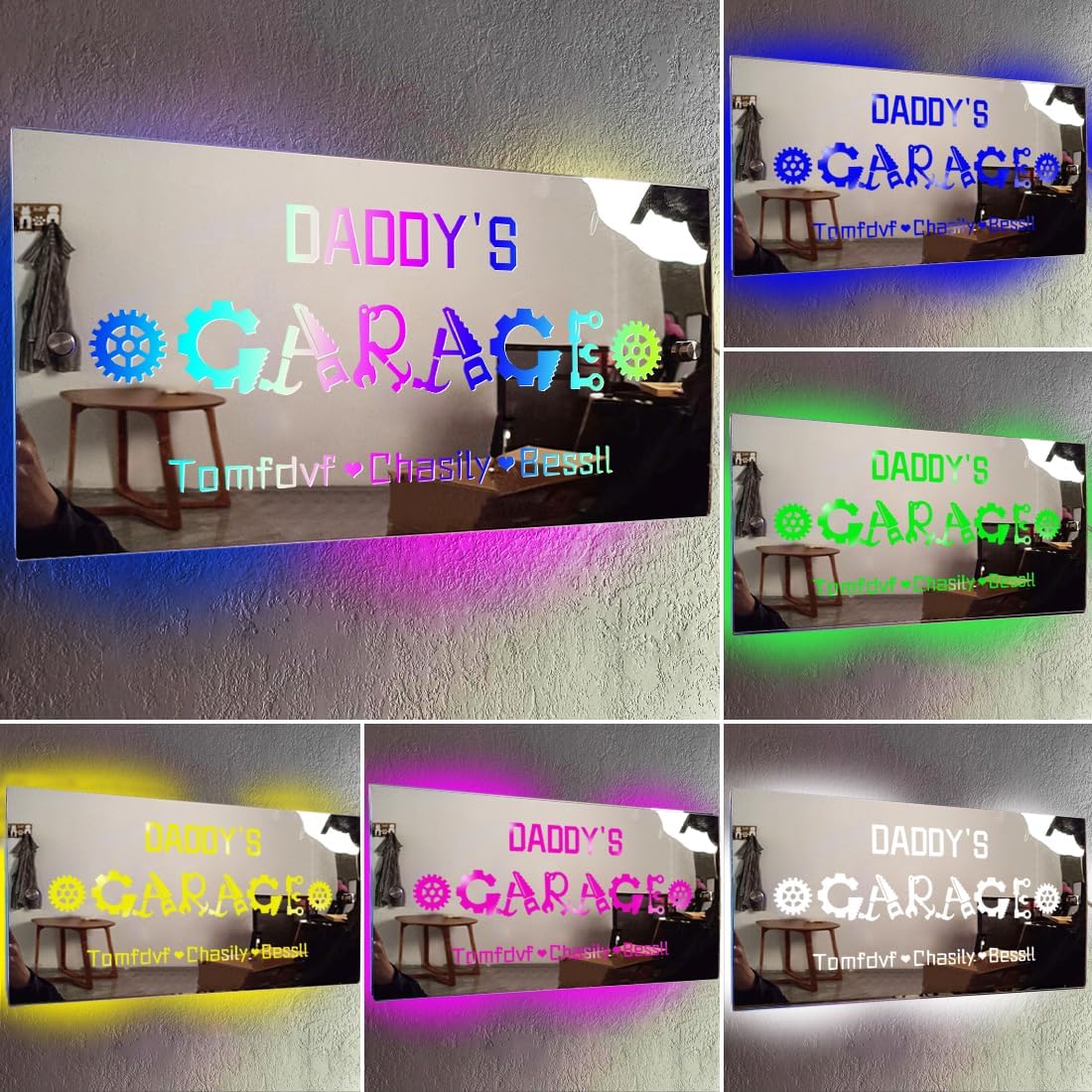 Personalized Daddy's Workshop Wall Mirror Light with Child's Names Game Room Man Cave Garage Decor Mirror Custom Father's Day LED Mirror Wall Art Mirror for Dad Grandpa Husband Son Family