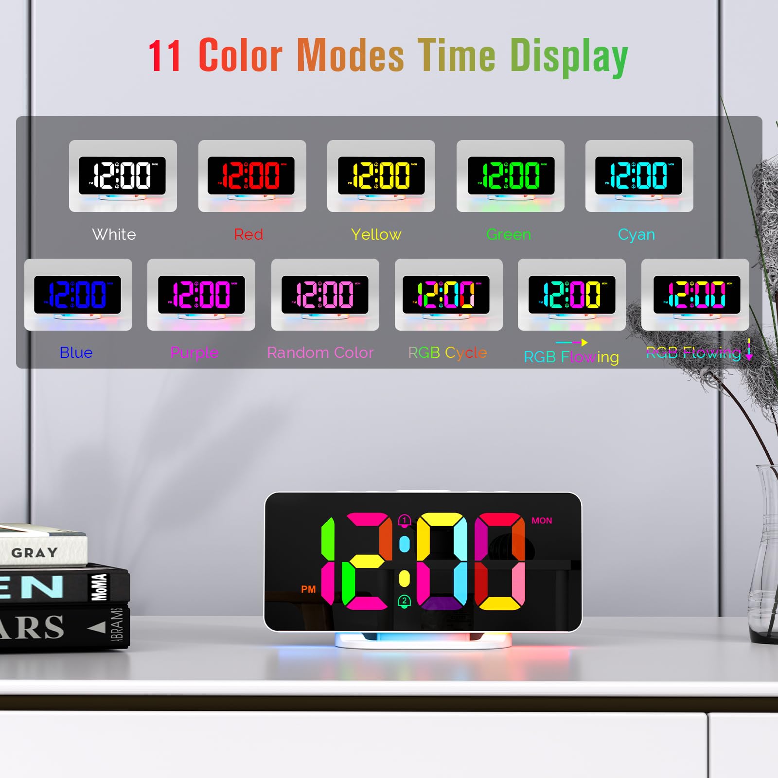 CHEREEKI Sveglia da Comodino Digitale a Corrente, Sveglie Digitali con 11 Colori Numerici e 10 Luce Notturna, Luminosita Regolabile, Alimentazione Elettrica, Bianco