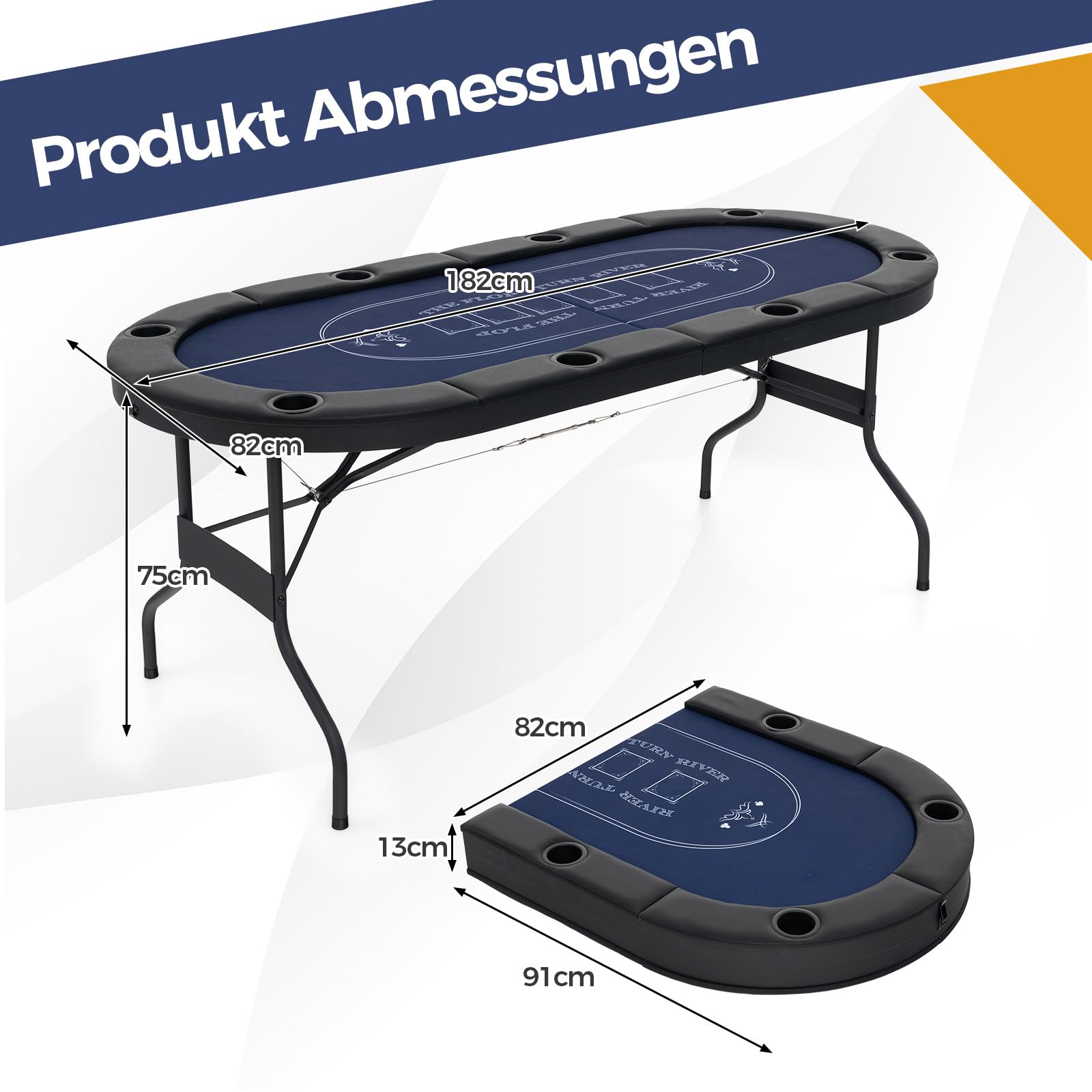 COSTWAY Pokertisch klappbar für 8 Spieler, Casino Spieltisch mit Getränkehaltern, Texas Hold'em (Blau)