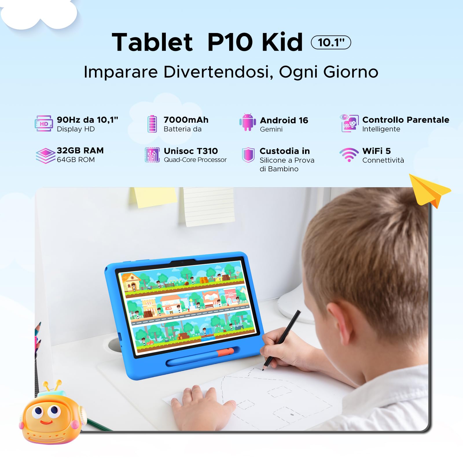 P10 Kid Tablet con Penna Custodia in Silicone, Blu | Tablet 10 Pollici con 32GB RAM+64GB ROM Tablet per Bambini, 90Hz Tablet Android 16 & Gemini AI, 7000mAhT310/5G WiFi/8MP+5MP