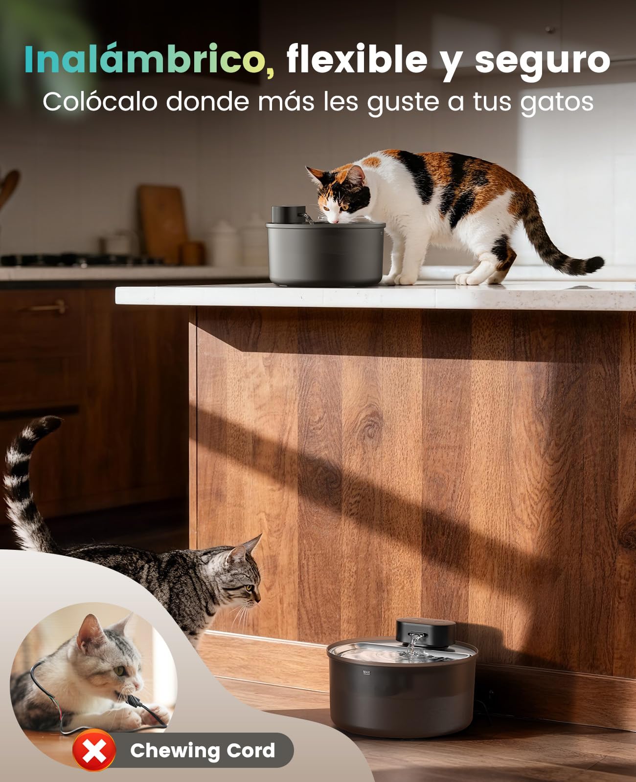 oneisall Fuente para Gatos sin Cables, Fuente de 3,2L con Sensor | 20dB ultrasilenciosa, batería recargable de 4000mAh, recipiente de acero inoxidable, limpieza sin esfuerzo, sin BPA