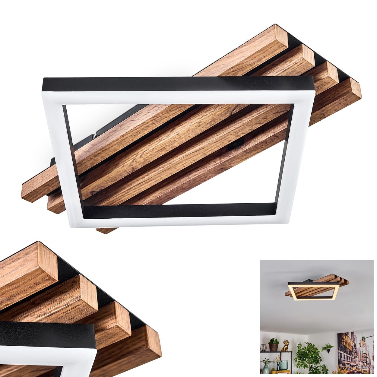 HOFSTEIN LED Deckenleuchte Ellekilde, Deckenlampe aus Metall/MDF/Kunststoff in Schwarz/Holzoptik/Weiß, 12W, 3000 Kelvin, Leuchte im modernen Design für Schlafzimmer, Esszimmer, Wohnzimmer, Küche, Flur