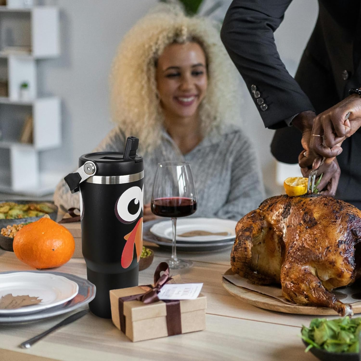 Thanksgiving Tumbler with Handle and Straw Turkey Tumbler Insulated Stainless Steel Cup Coffee Travel Mug Fall Thanksgiving Gifts Decor-30 oz(1PCS) - Image 2