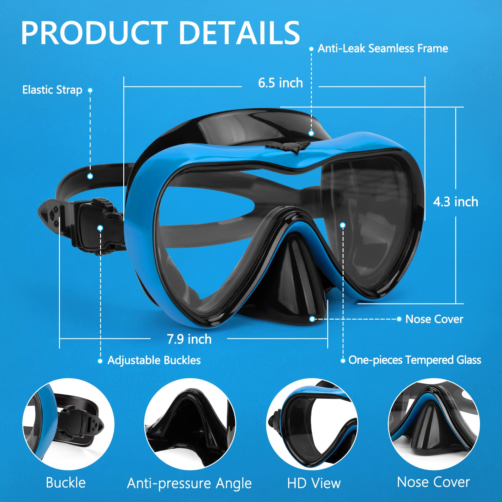 Gafas de natación, gafas de buceo antivaho con cubierta para la nariz, máscara de buceo de silicona antifugas para adultos, máscara de natación de vidrio templado HD de 180 grados para esnórquel con