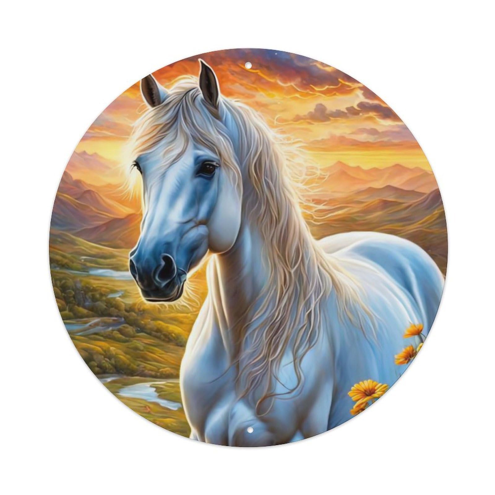 Animal White Horses And Flowers Metal Tin Sign