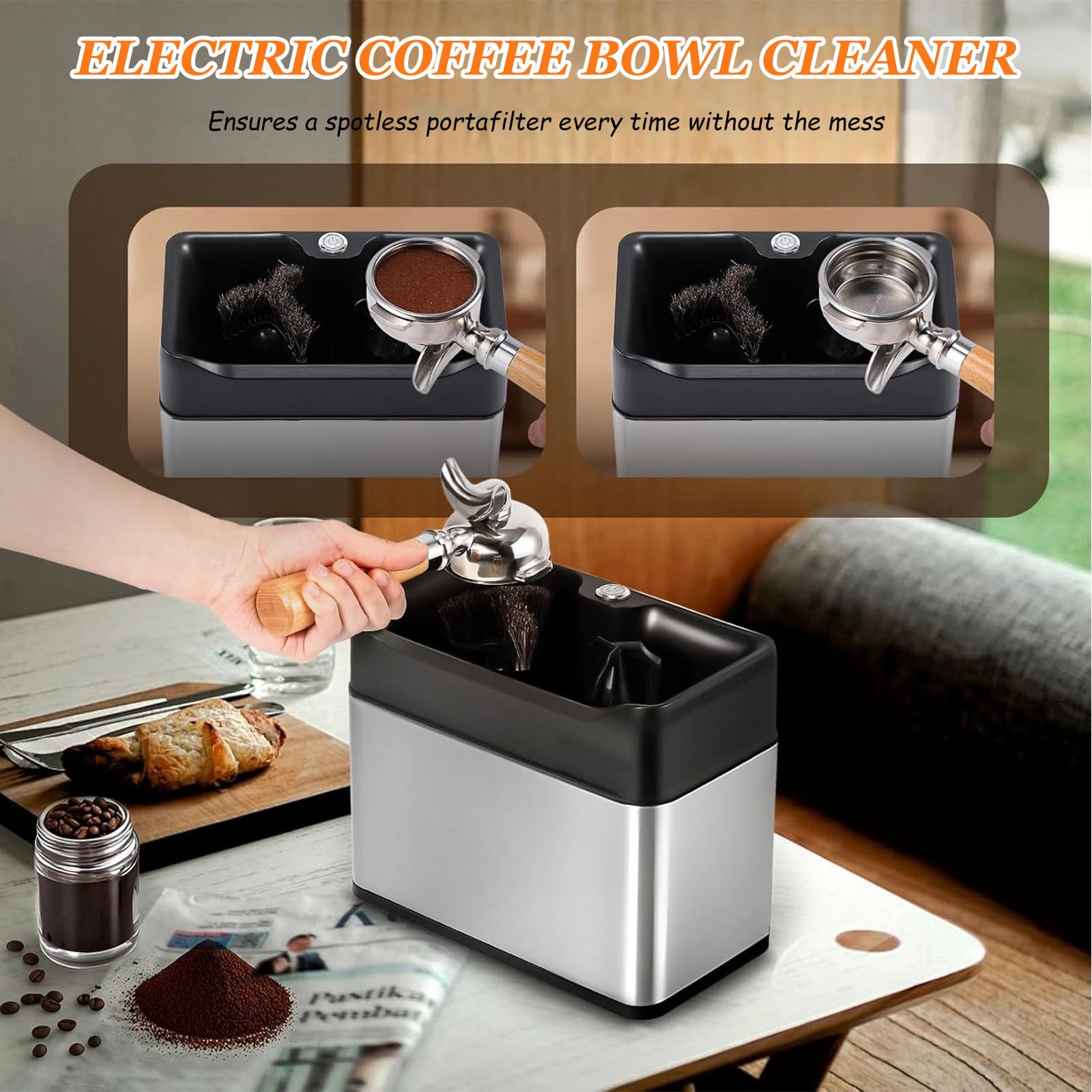 Limpiador eléctrico automático de portafiltros, Caja para posos de café Espresso, Herramienta de Limpieza práctica para el hogar y Uso Comercial.