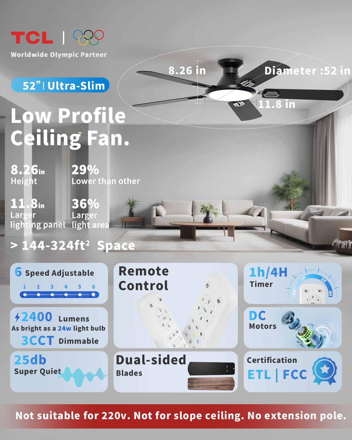 TCL 52 Low Profile Ceiling Fan with Light Slim Black Flush Mount DC Reversible Motor 6 Speeds Remote — view 2