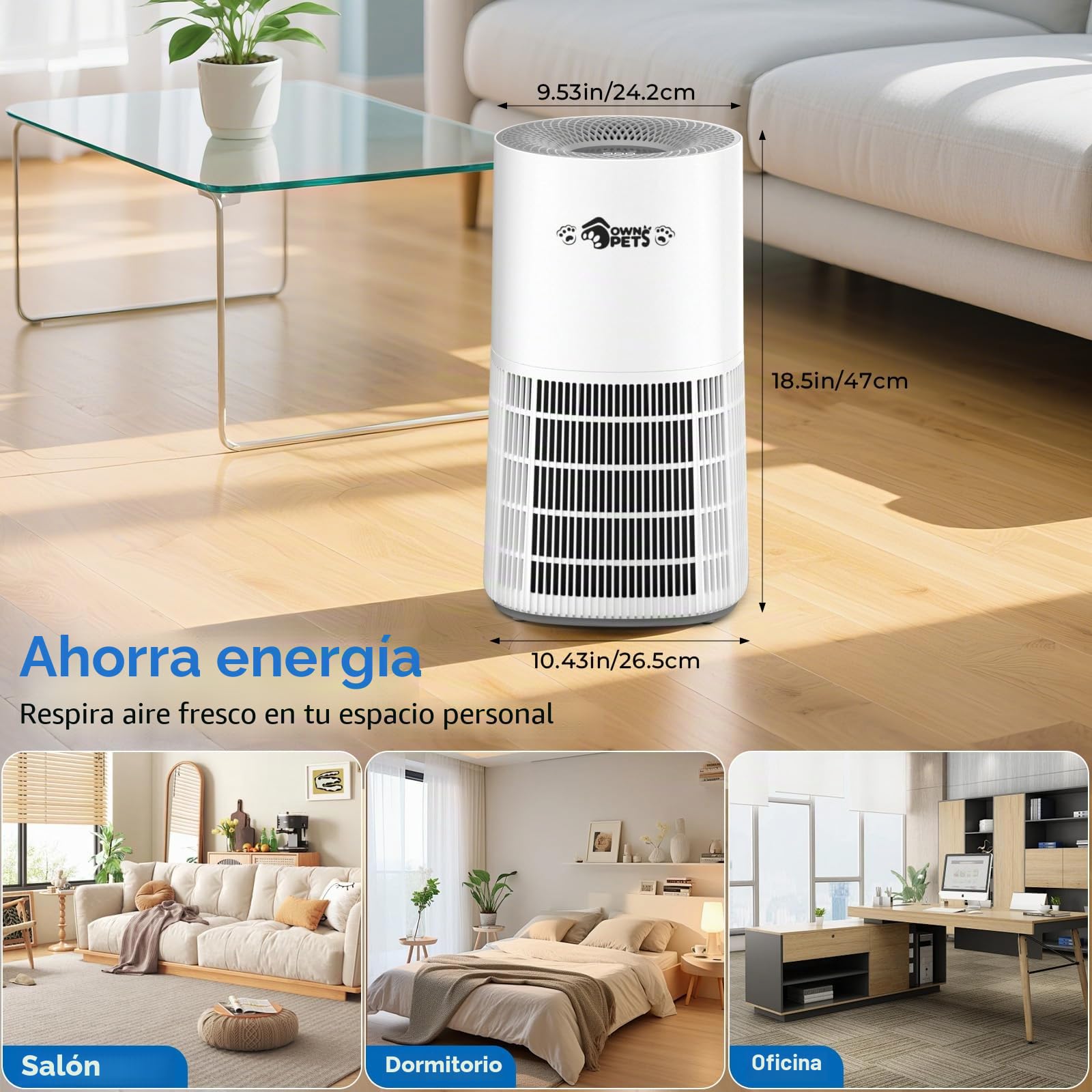 Ownpets Purificador de Aire para Hogares&Mascotas hasta 1100 ft² con Sensor PM2.5 y Prefiltro Reutilizable, Modo Sueño 20dB, Elimina 99.99% de Alérgenos, Pelo y Caspa de Mascotas
