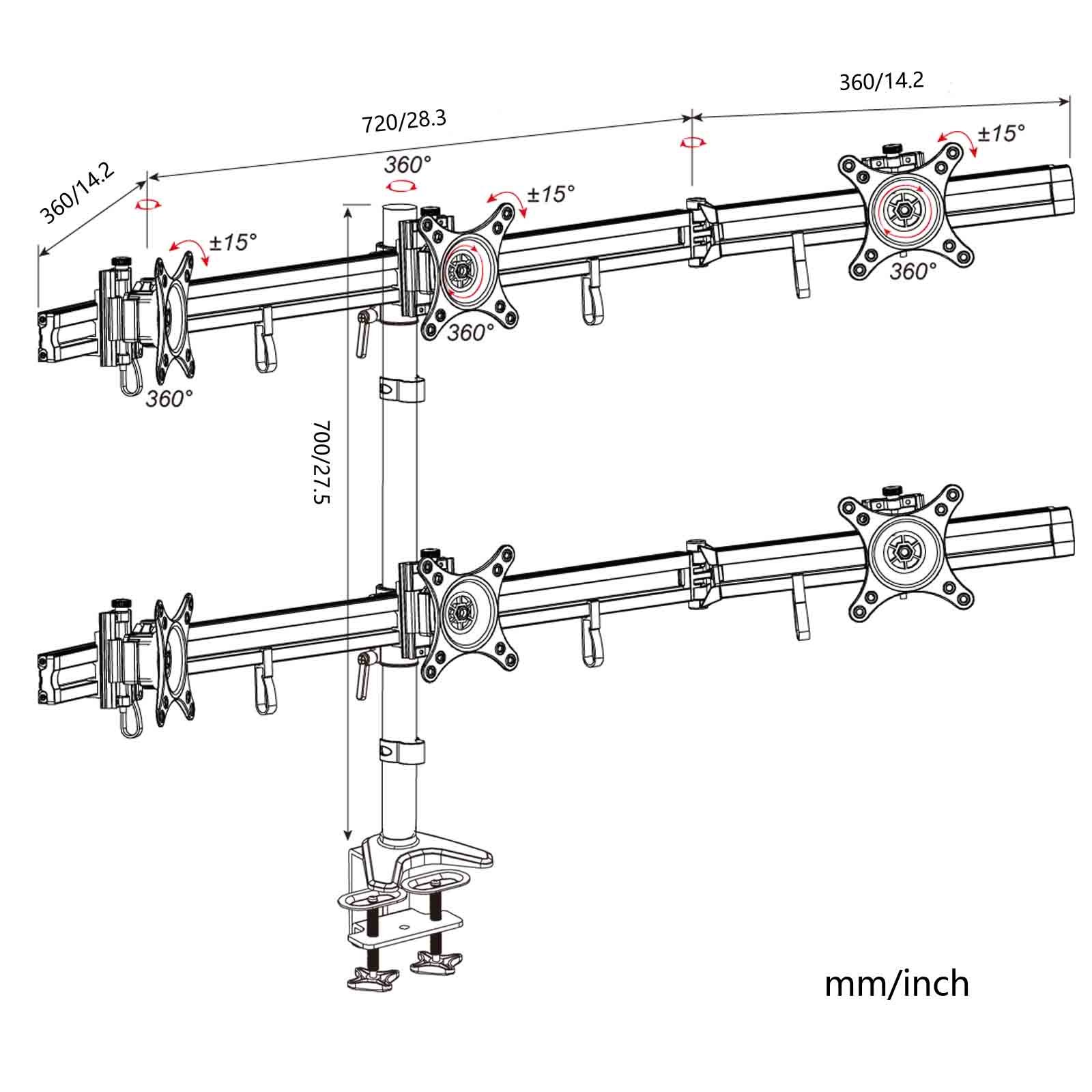 Hftek 6-Fach Monitorarm - Tischhalterung für 6 Monitore von 15 bis - VESA 75/100 (MP260C-L) – Bild 2