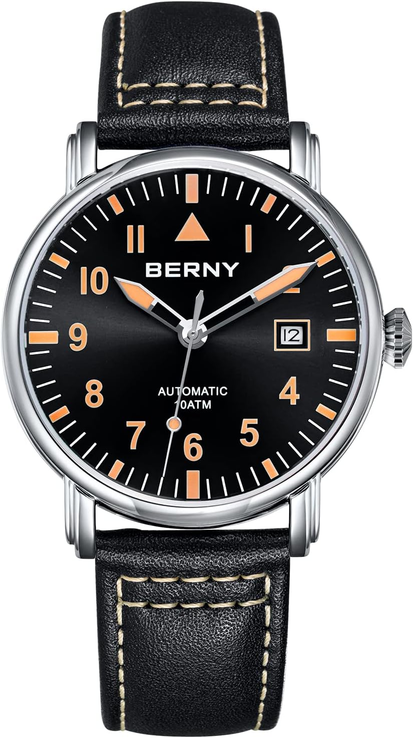 BERNY Mechanical Automatic Watch for Men Self Winding Leather Strap Classic Aviation Wristwatches Waterproof 10ATM Sapphire Glass Scratch Resistant Super Luminous