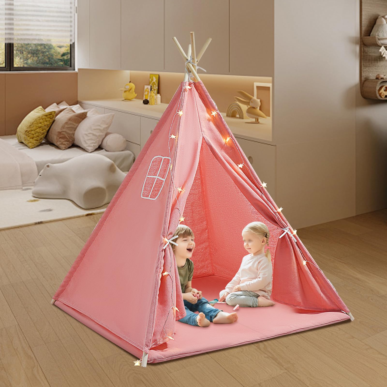 Tenda per bambini, tenda con luce, tenda da gioco per interni ed esterni, con imbottita, pieghevole, con catena luminosa, traspirante, in cotone e canapa (rosso)