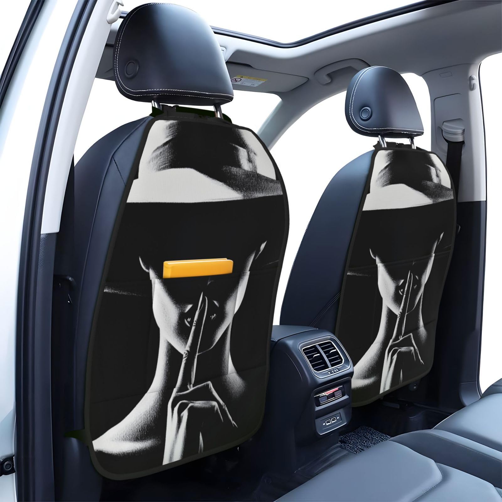 Woman Finger To Lips Silence Gesture Car Seat Back Kick Protectors,2 Pack Kick Mats With Storage Pockets For Vehicles To Protect From Dirt Mud Scratches