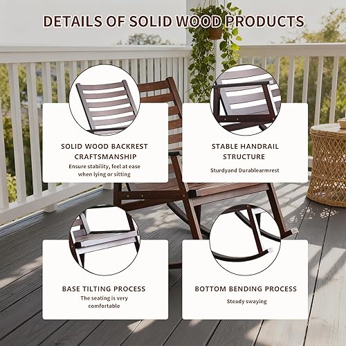 Miniatura 5 de Mecedora de madera maciza de alta resistencia para porche delantero y patio, balancín de madera de gran tamaño con respaldo para sala de estar,