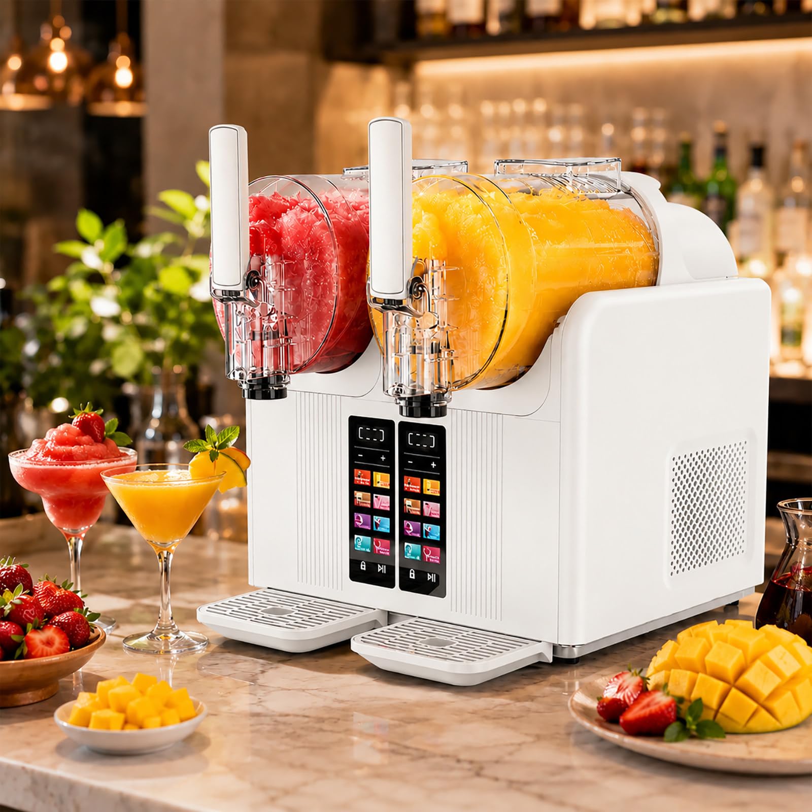 vnmudzeo Slushie Machine No Ice Needed - 4000ml Double Tank Freeze Drink Maker, 7 Presets, Auto Clean, Soft Serve for Home Party Use White