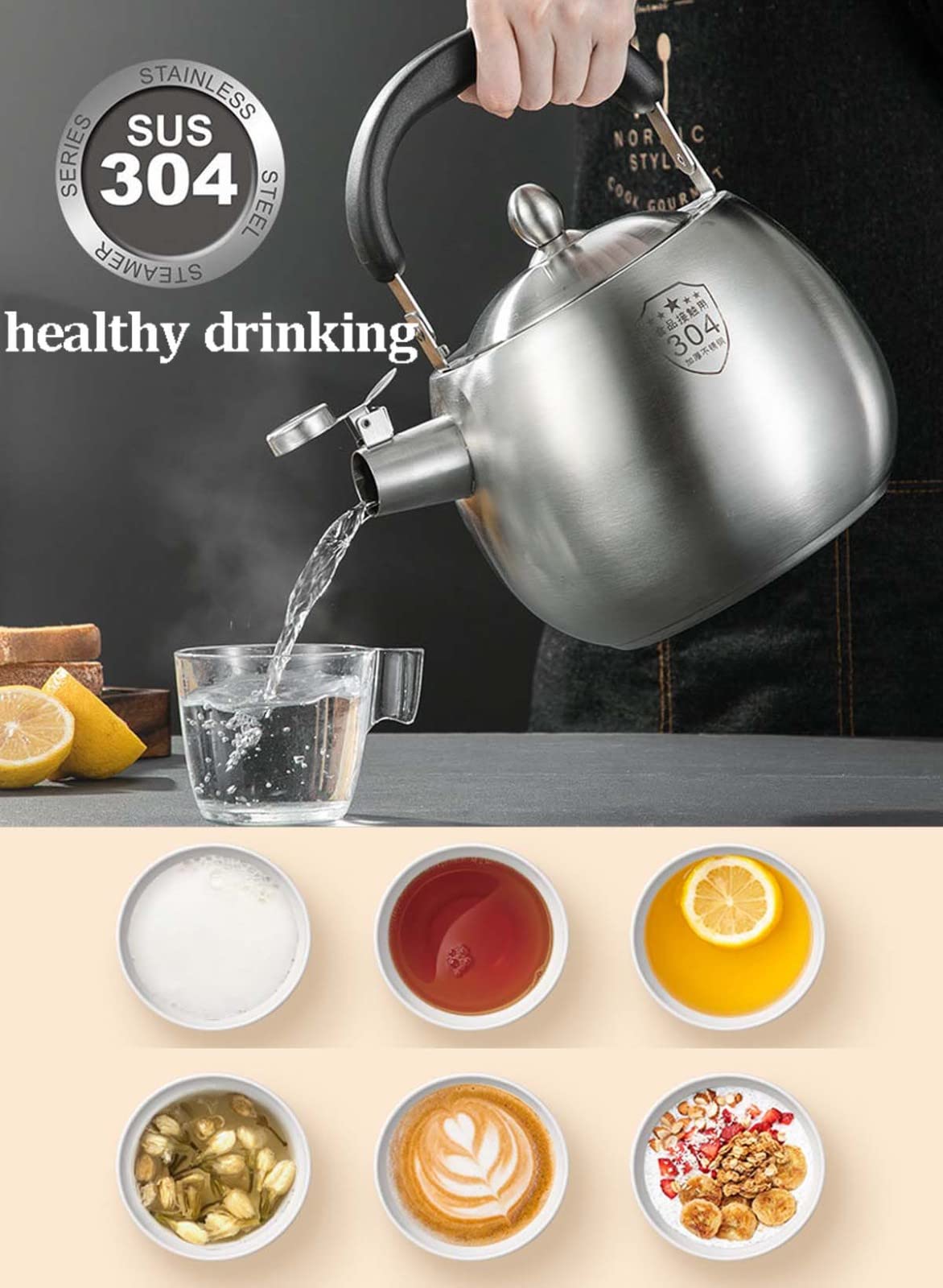 Tetera silbante de acero inoxidable, hervidor saludable para estufa, compatible con inducción/gas, hervidor de agua portátil con mango de 2.5 cuartos de galón de capacidad para uso doméstico y