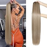 SEIKEA 32 Ponytail Extensions Drawstring Long Straight Fake Pony Tail Natural Soft Clip in Hair Extension Synthetic Heat Resistant Hairpiece Ash Brown with Blonde Hightlights