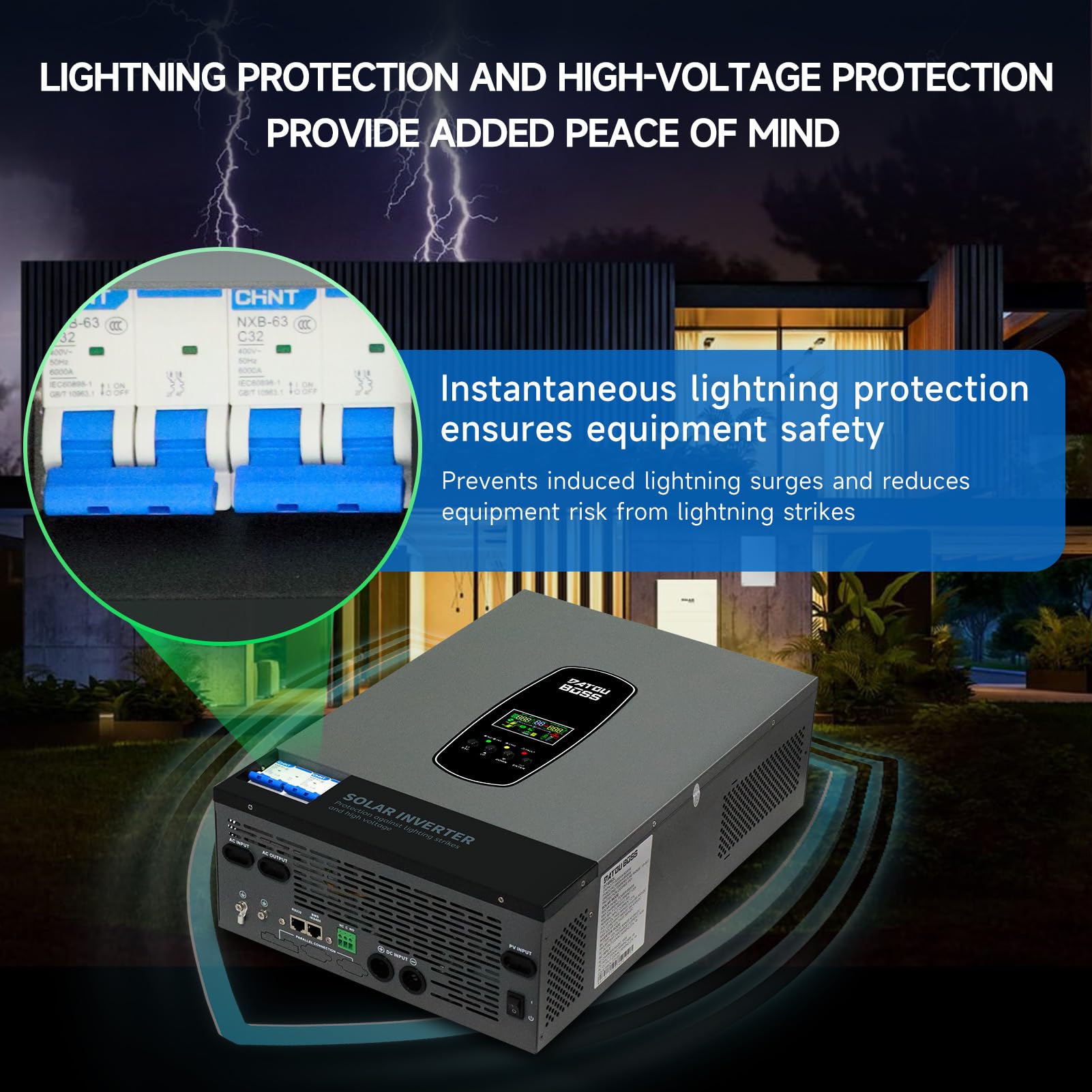 DATOUBOSS 6200W Solar Hybrid Wechselrichter 48VDC zu 230VAC Reiner Sinus Wechselrichter mit 120A MPPT, 8500W Photovoltaik-Eingang,Unterstützt batterielose, BMS-Schutzsystem, für 48V Lithium Batterien.