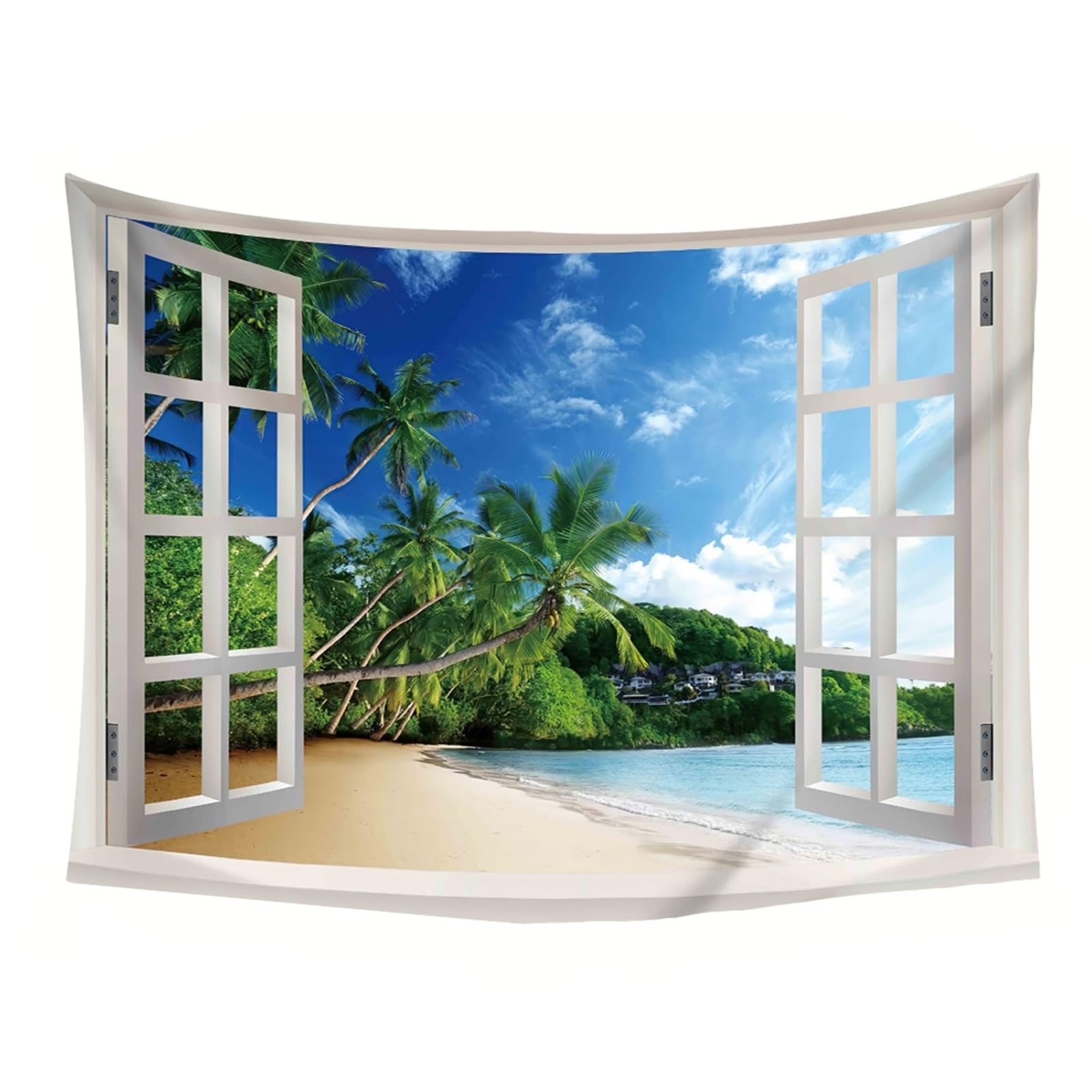Tapiz natural para colgar en la pared de poliéster, marco de ventana verde y blanco y palmera, paisaje de playa, 240 x 220 cm