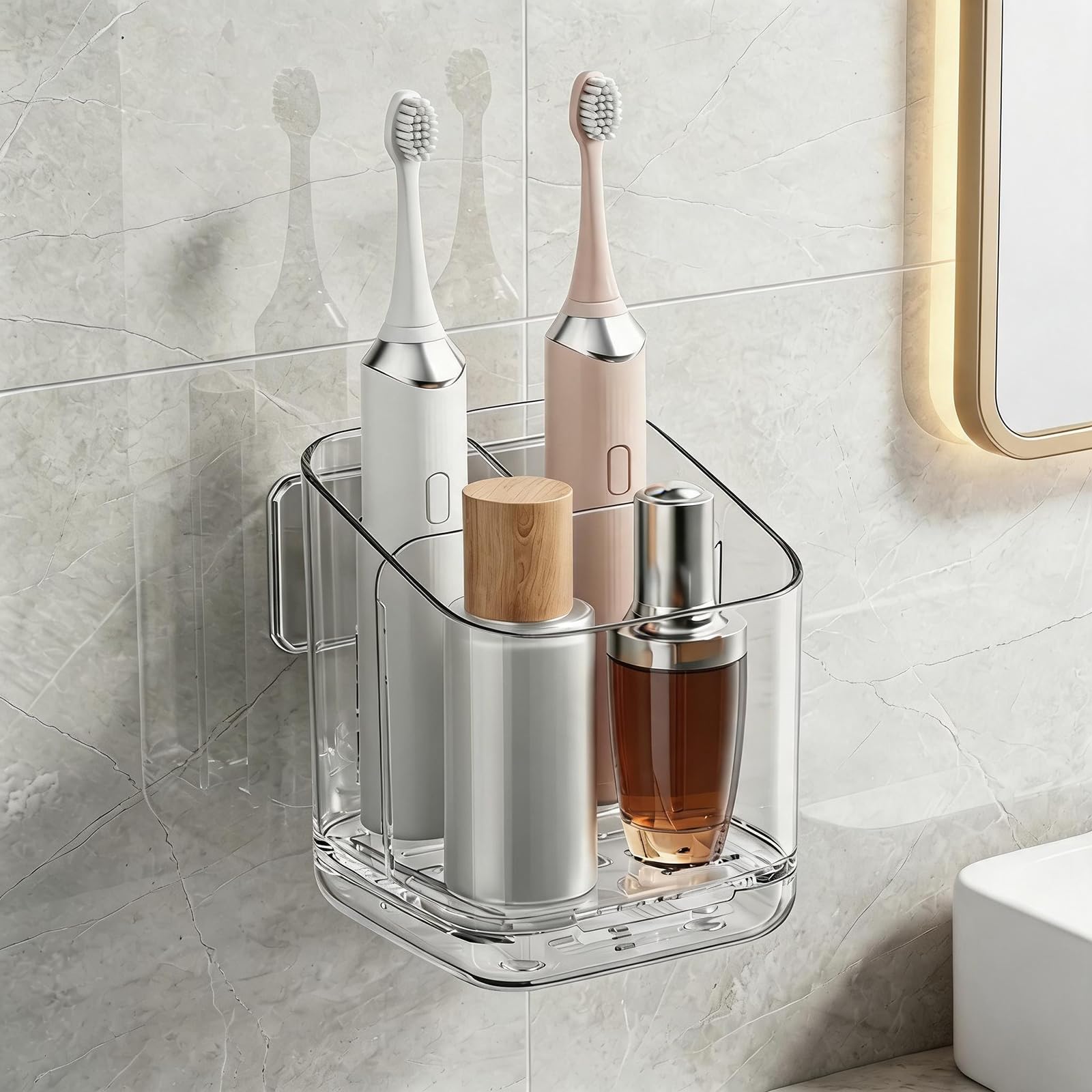 Electric Toothbrush Holder Wall Mounted & Counter Top, 3-Slot Bathroom Organizer with Self-Adhesive & Drainage Holes – Waterproof Adhesive, No Drilling Needed for Bathroom Vanity