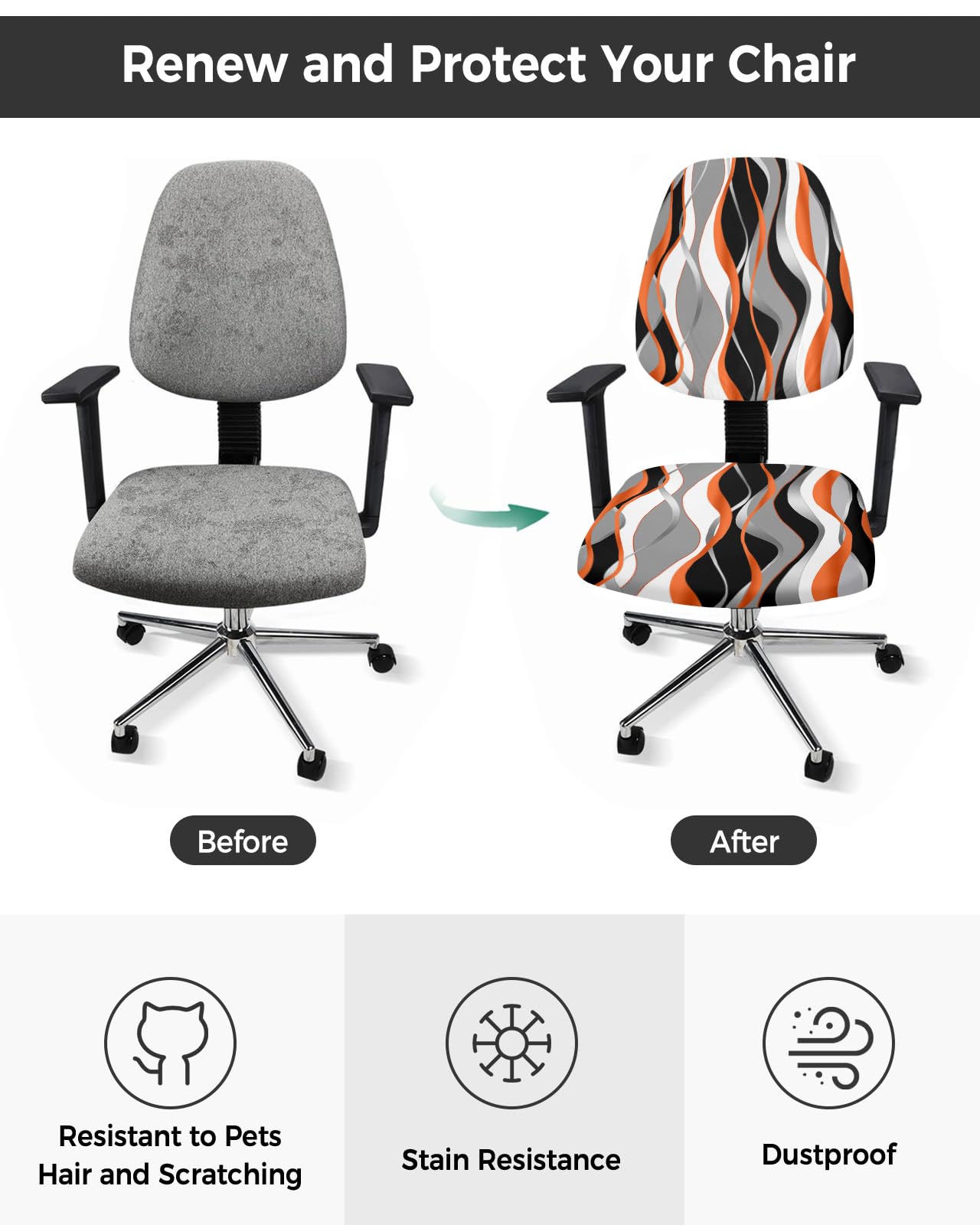 Jolunifun Abstract Orange Office Chair Covers Stretchable 2 Piece, Soft Decorative Computer Desk Chair Cover Protector Universal Rotating Chair Slipcover Gradient Grey Geometric Black Stripes
