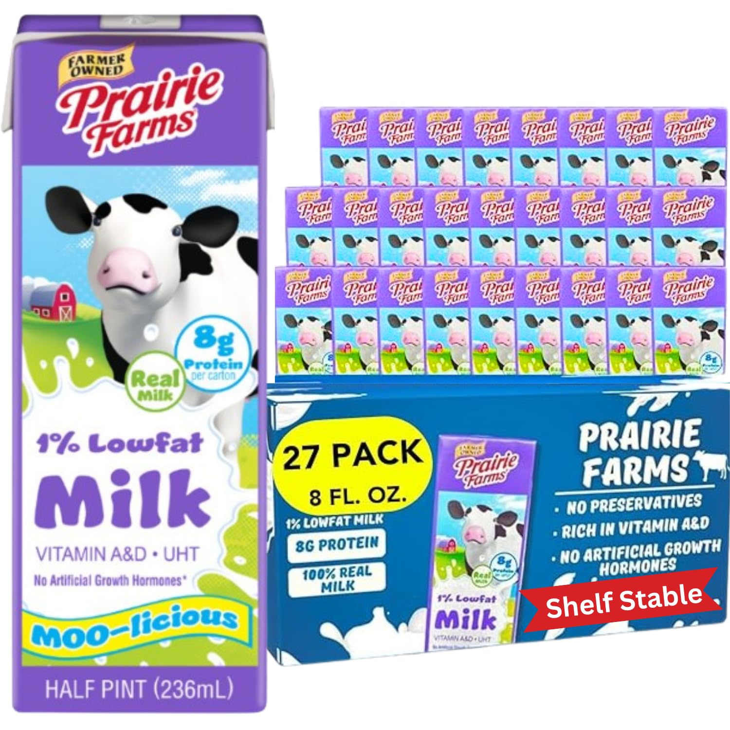 Prairie Farms 1% Percent Milk, Shelf Stable Low Fat Milk, Boxed & Ultra Pasteurized (UHT), Vitamin D - Preservative and Hormone Free, Kosher, Made in USA - 8 FL oz. (27 Pack)