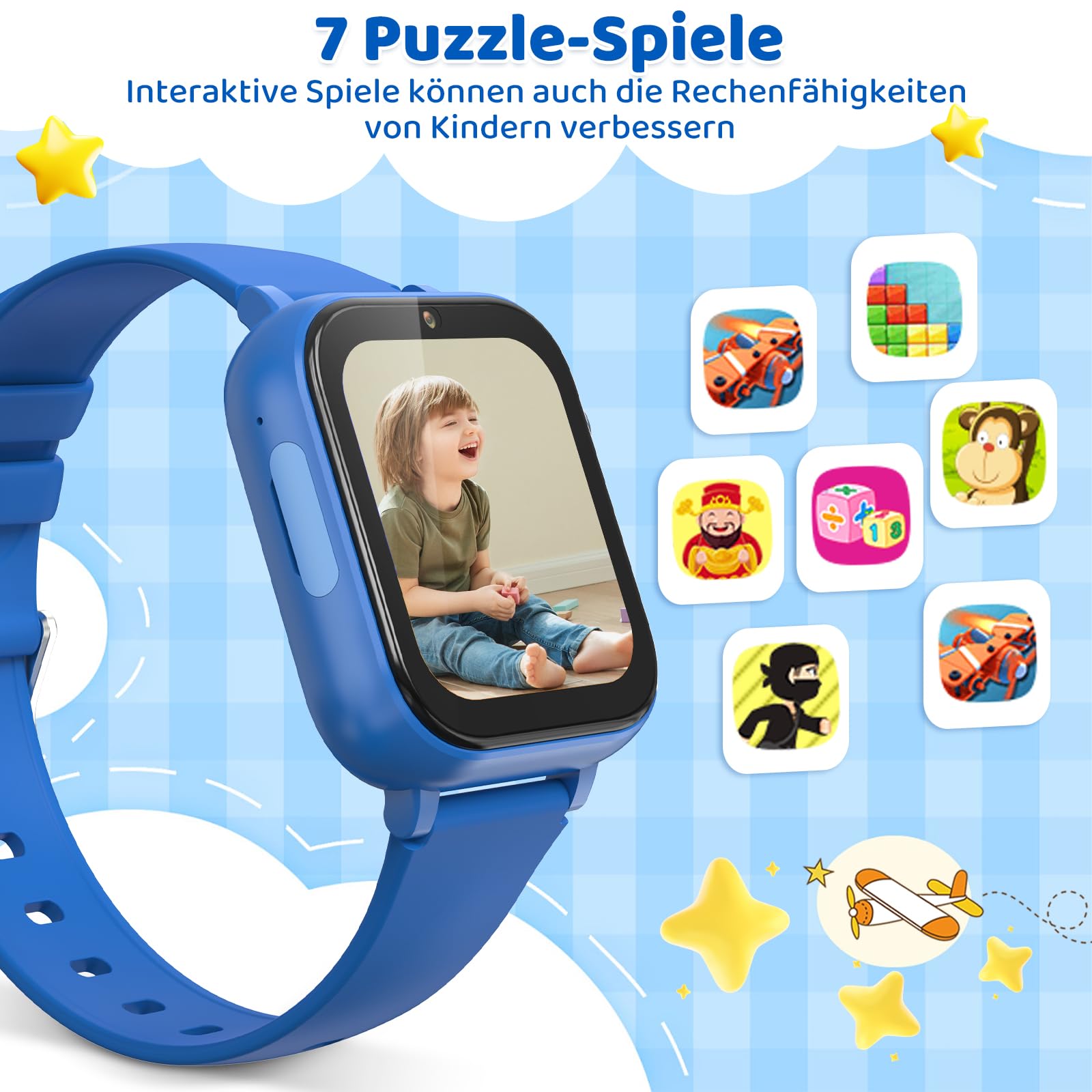 4G Reloj inteligente para niños con función de llamada de voz, reloj de teléfono, reloj para niños con cámara de fotos juegos despertador pantalla táctil función llamada impermeable IPX7, azul