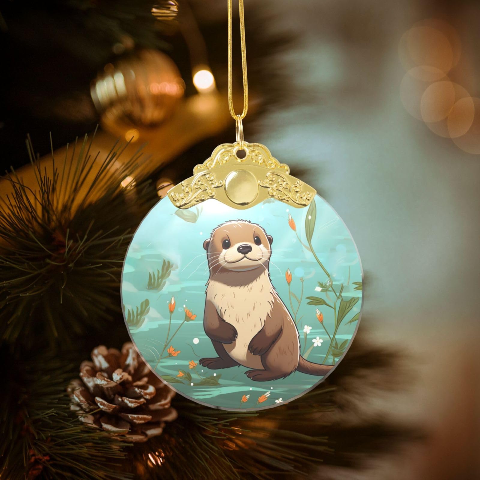 Crystal Christmas Ornaments for Christmas Tree Decoration Hanging Cartoon Cute Otter Ornament with Gold Ribbon Crafts Round Pendant for Keepsake Gifts Glass Xmas Decor Party Supplies