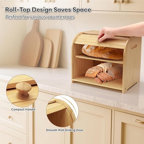 Miniatura 5 de Bread Box for Kitchen Countertop, Double Layer Bamboo Bread Storage Container for Homemade Bread, Roll Top Bread Box with 3 Adjustable Height for