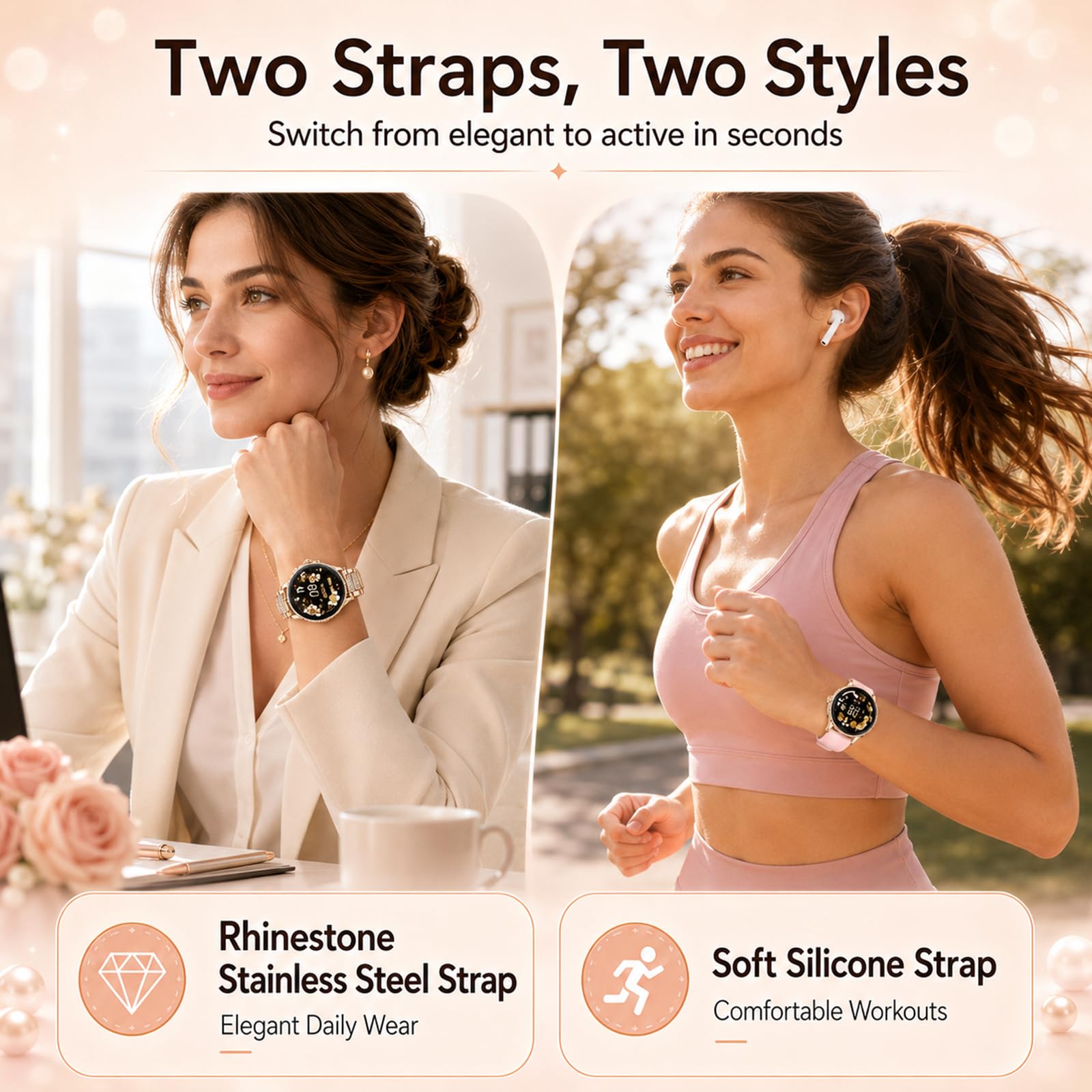 Smartwatch Donna Rotondo, Display HD da 1,27", IP68, 2 Cinturini | Chiamate Bluetooth, frequenza cardiaca, SpO2, sonno, passi, 120+ sport, Android iOS, strass elegante e silicone sportivo