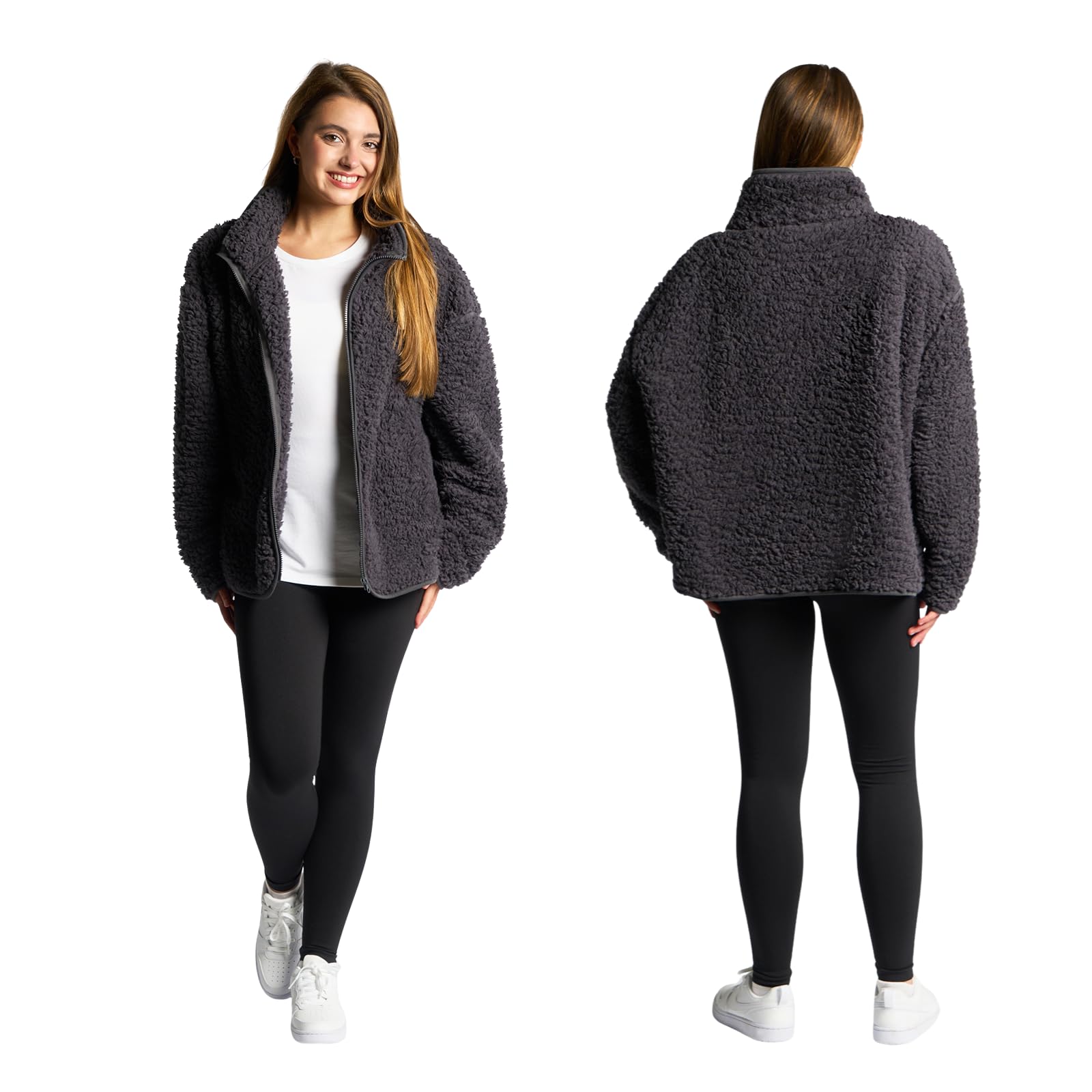 OHS Mens Fleece Jackets Full Zip, Teddy Fleece Jacket Women Soft Cosy Warm Winter Womens Clothing Ladies Jackets Sweatshirt Mens Fleece Top Long Sleeve Pullover for Travel Hiking, Charcoal Grey - S/M