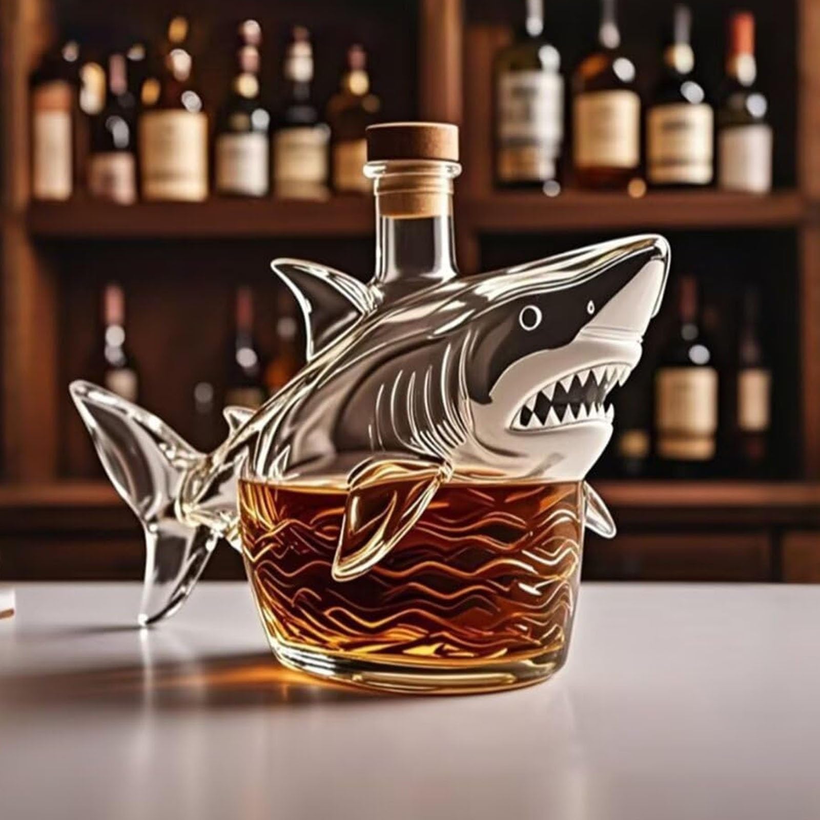 300ML Decantador Whisky Arte Escultura - Con Copa De Vino De 2/4 De Tiburón, Esculturas Decorativas De Botellas De Vino Con Diseño De Tiburón Tallado En 3D, Decantador De Whisky(Shark+2 cups)
