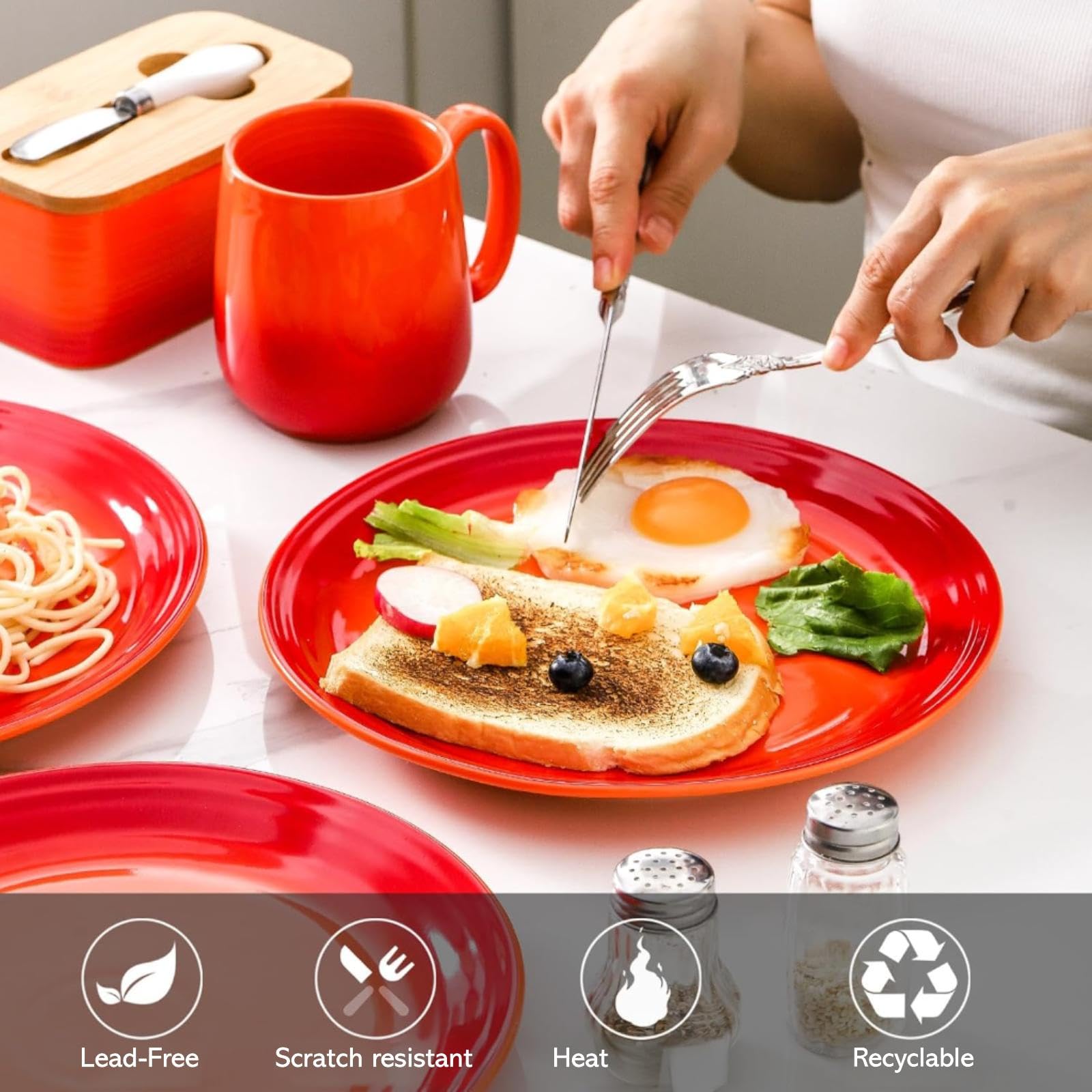 glowworm Juego de 4 platos llanos de porcelana de 10 pulgadas, platos de cocina para ensalada, filetes, pasta, microondas y lavavajillas, resistentes a los arañazos, color naranja