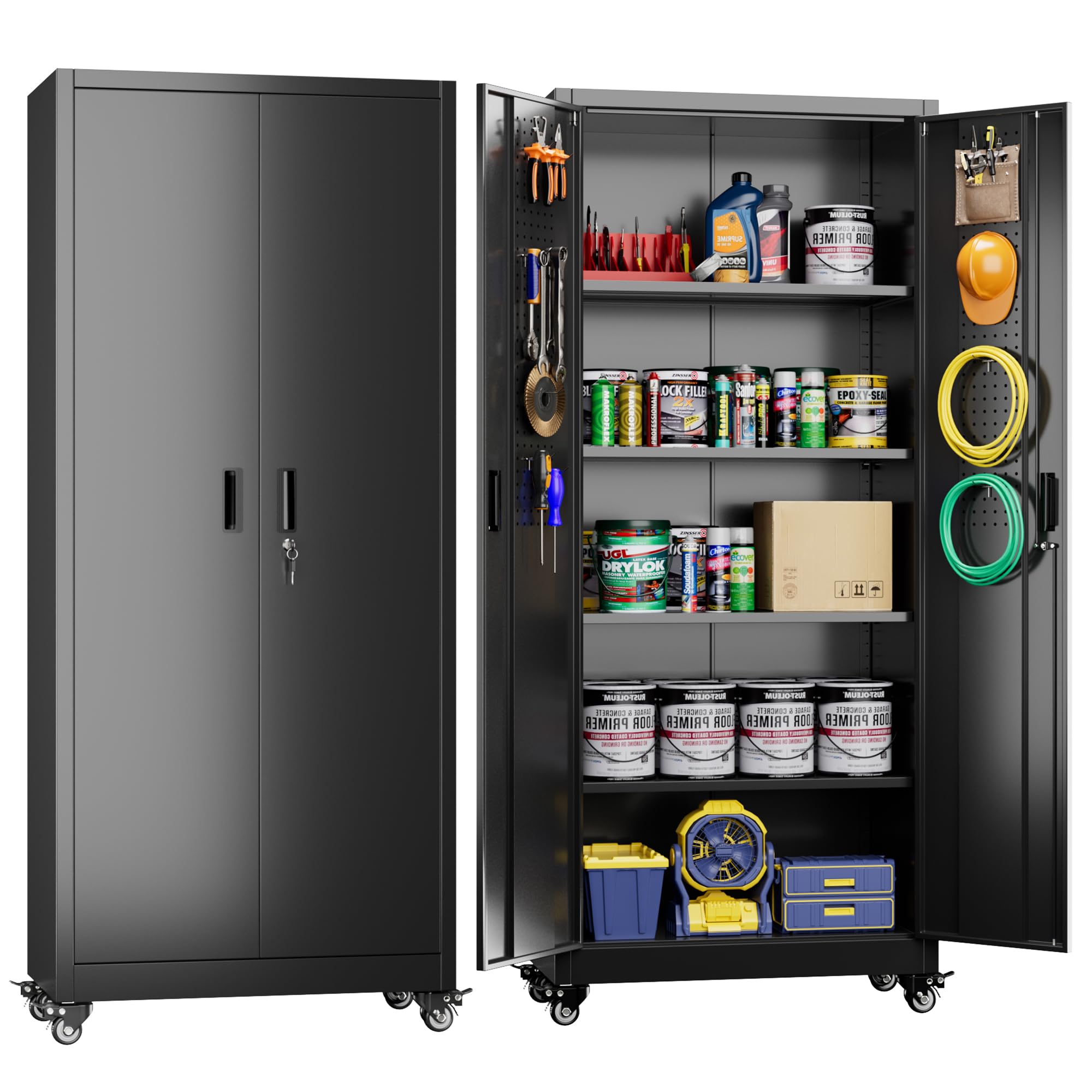 Garage Storage Cabinet with with Pegboard and Wheels,73" Metal Lockable File Cabinet with 2 Doors and 4 Adjustable Shelves,Tool Storage,Home Office Garage,Gym,School (Black)Recycled Claim Standard 100