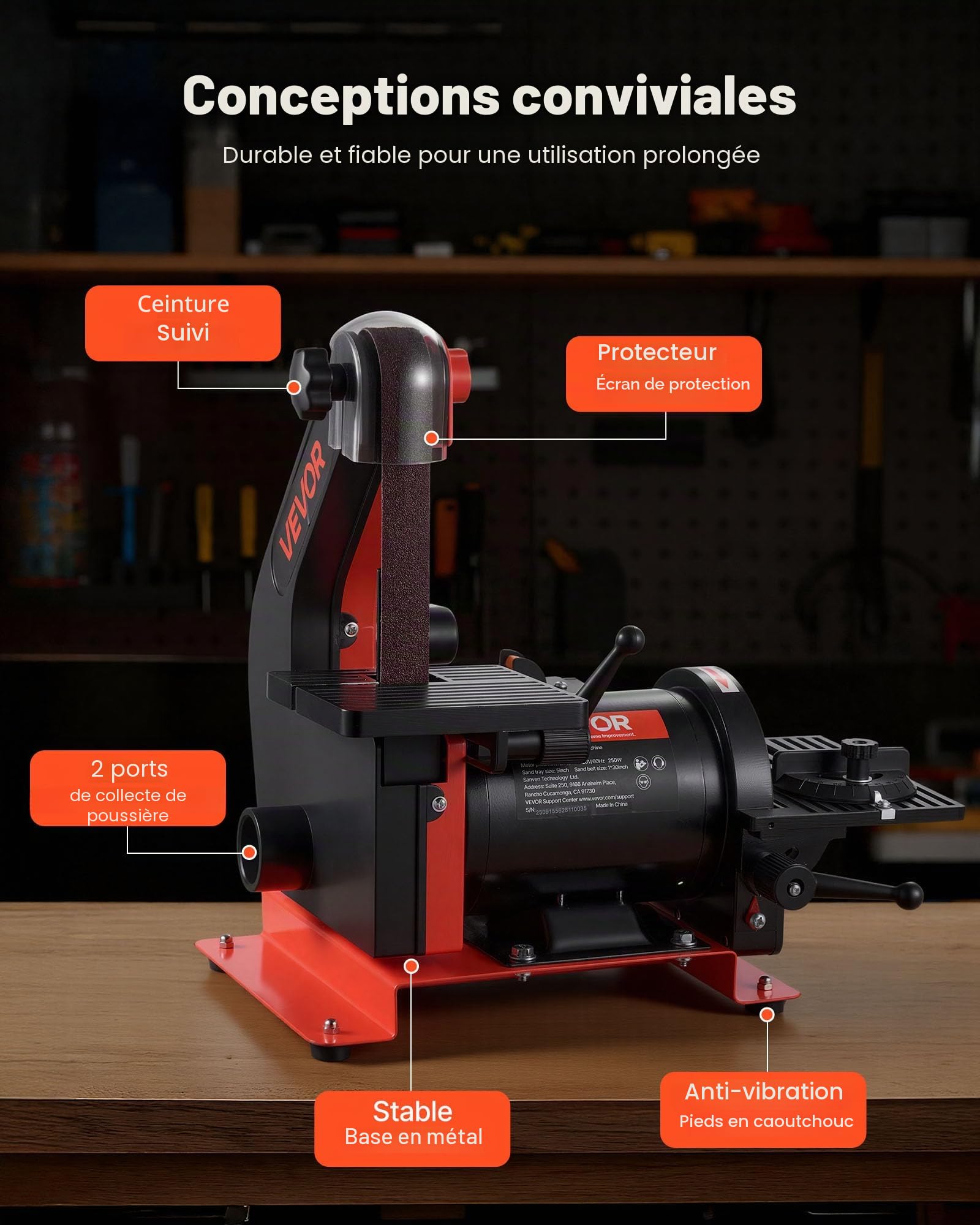 VEVOR Ponceuse à Bande et à Disque 250 W Bande Abrasive 25,4 x 762 mm Disque de Ponçage 125 mm Table de Travail Réglable 0-45° avec Port de Poussières pour Travail du Bois Rénovation Meubles Bricolage