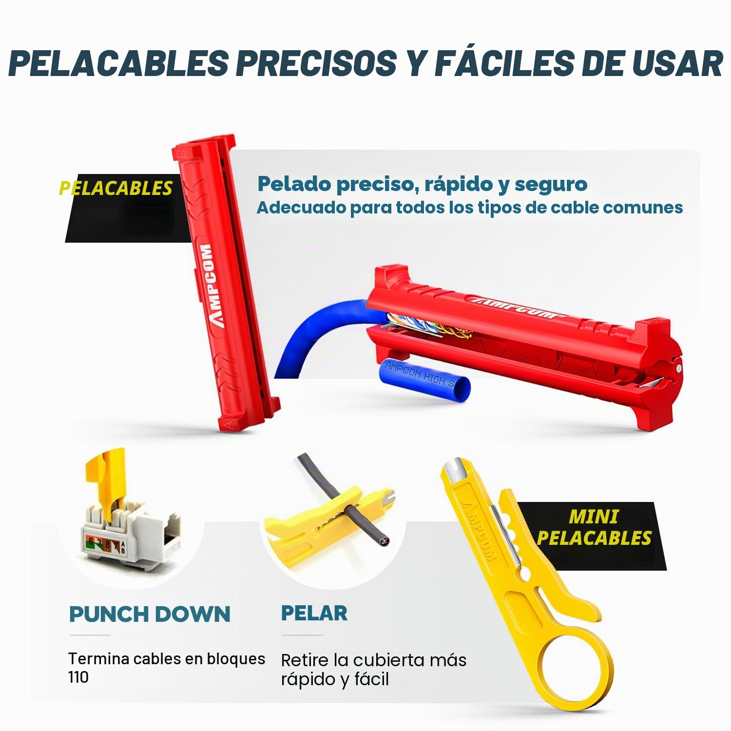 AMP COM 7 en 1 Kit de herramientas RJ45/RJ11 para conectores Cat6/Cat5e/Cat5 y pelacables de perforación 110 en bolsa impermeable