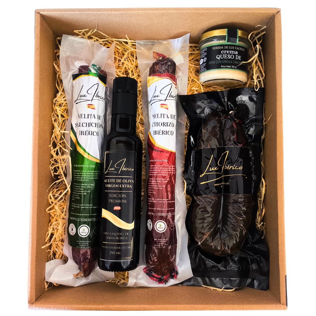 LUX IBÉRICO - Lote "Norbensis" - Embutido, Morcilla Picante y Aceite | Velitas de chorizo y salchichón ibérico, achorizada picante, crema de queso y aceite de oliva virgen extra. Para regalar.