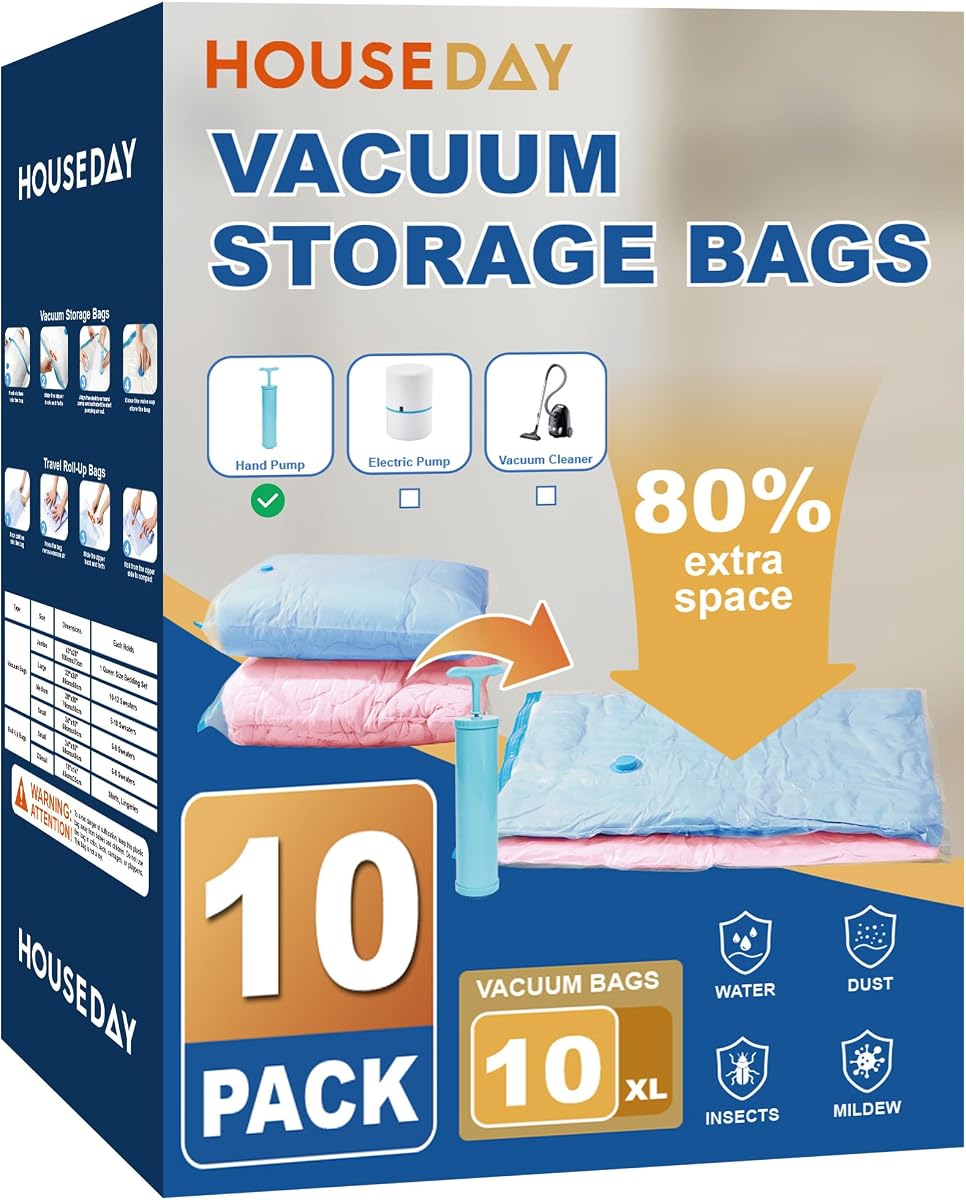 HOUSE DAY 10 Jumbo Vacuum Storage Bags with Pump,Space Saving Vacuum Seal Bags For Clothing Travel, Vacuum Storage Bags For Clothes, Comforters, Blankets, Pillows, Bedding, Moving, Travel, Hand Pump