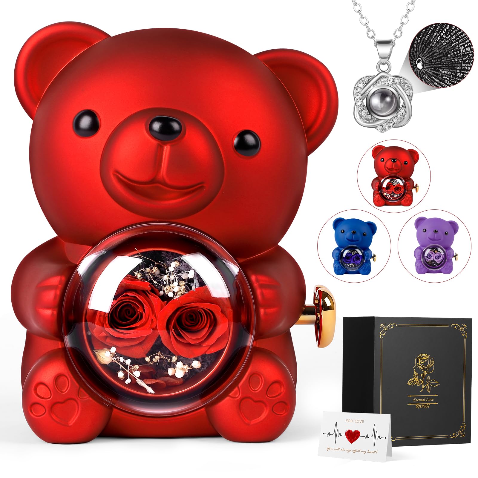 Rosen Bär Teddy Mit Halskette, Konservierter Rosen Bär Ewige Echte Rose Blumen Geschenkbox Geschenke für Frauen Freundin Mutter Muttertagsgeschenk Weihnachten Valentinstag, Rot