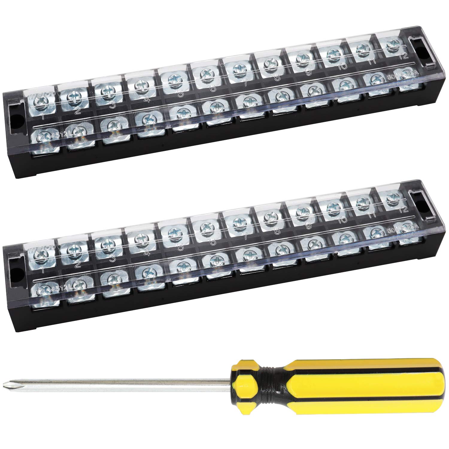 Tnisesm/ 2 Pcs 12 Positions Dual Rows Covered Screw Barrier Block Terminal Strip Blocks 600V 45A +1 Pcs Phillips Screwdriver TB-4512-LSD