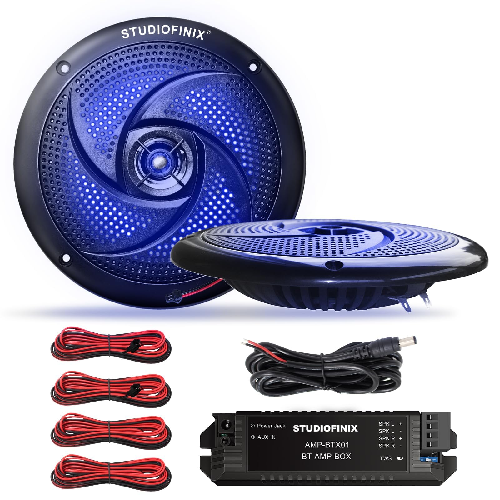 STUDIOFINIX 6,5" 240W Bluetooth wasserdichte Marine-Lautsprecher, 2-Wege wetterfest mit LED-Leuchten, schlank flach, für Boot, Wohnmobil, ATV, UTV, Golfcart (1 Paar, Schwarz)