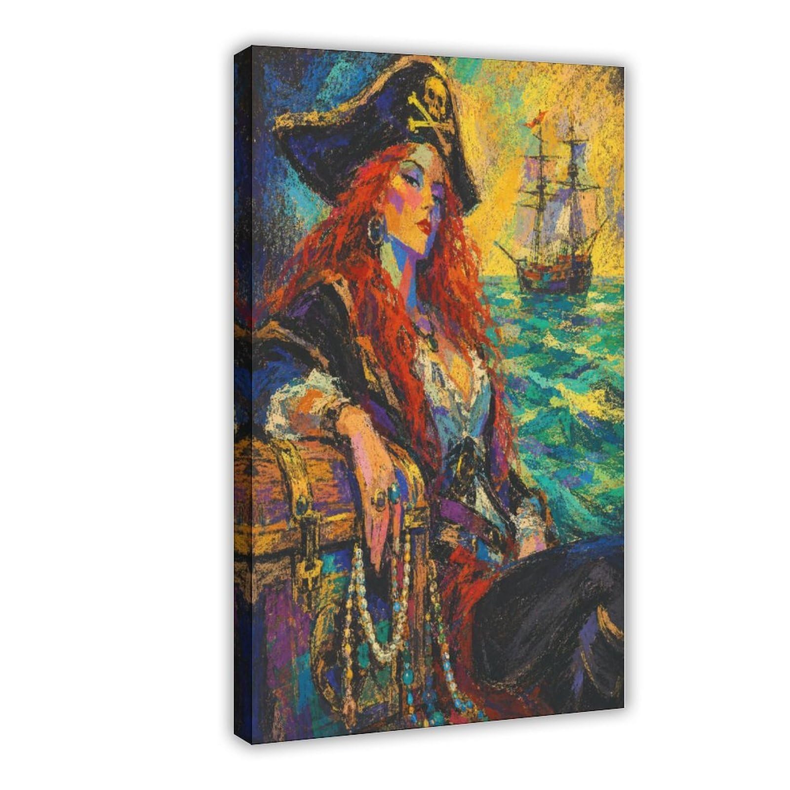 H3b8u2y5 Frame-Style-20 Pirate Woman By Ship Canvas Wall Art, Ocean Sunset Dorm Room