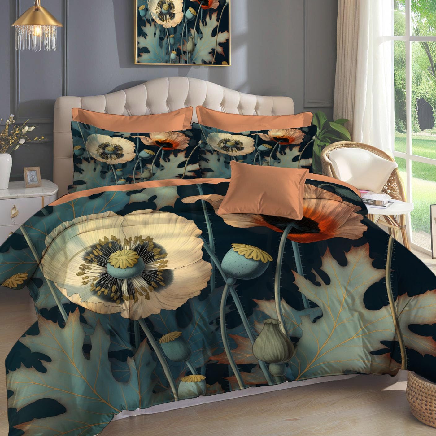 Housse de couette 220x240cm avec 2 taies d'oreiller, parure de lit 2 personnes motif fleurs de pavot