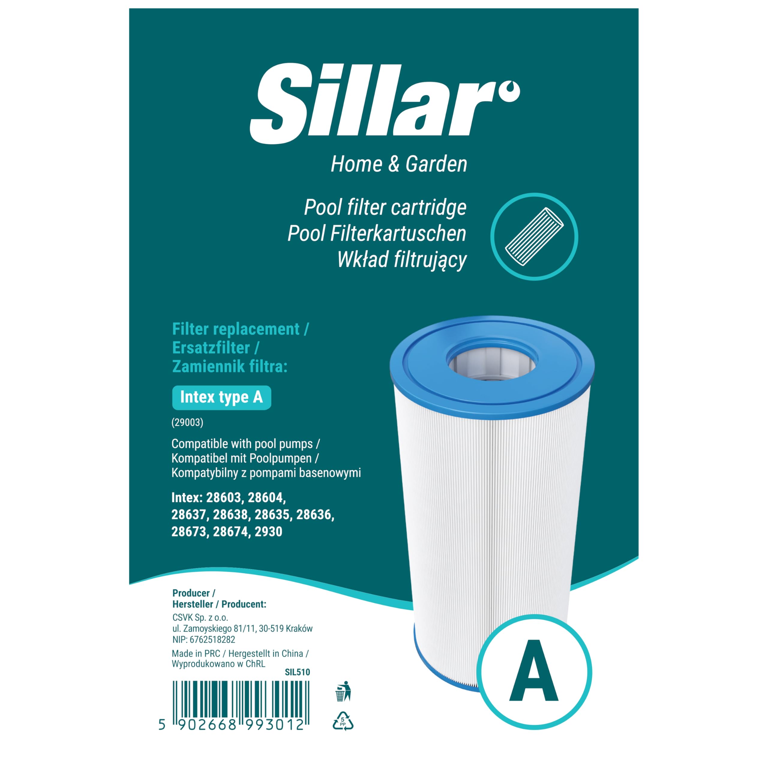 Sillar Cartuchos de Filtro para Piscina Tipo A – Pack de 6 Unidades, repuestos para Bombas de filtración Intex 28603/28604/28637, compatibles con Bombas y Cartuchos de Filtro Intex