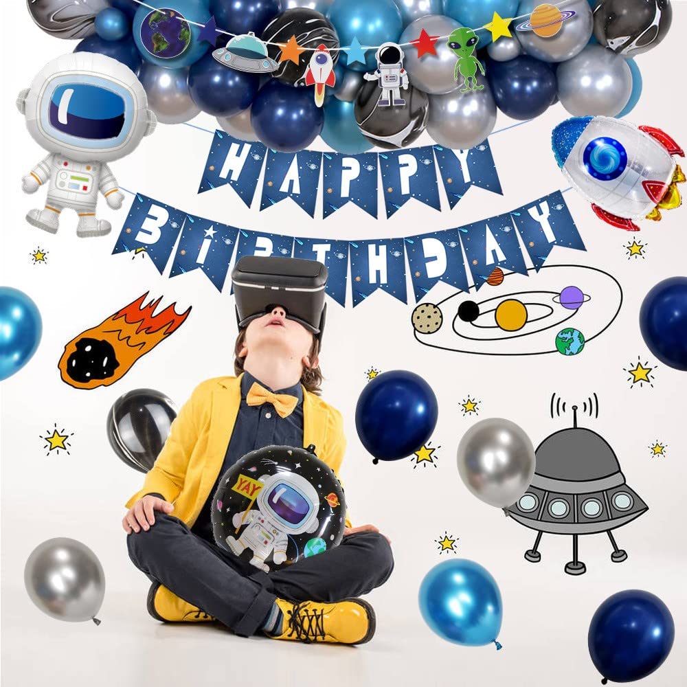 173pcs Outer Space Birthday Party Decorationsï¼ŒPlatesï¼ŒNapkinsï¼ŒNapkins,Cups,Tableclothï¼ŒBackdrop Bannerï¼ŒAstronaut Balloonsï¼Œfor 16 Guests Boys Girls Birthday Party Favors