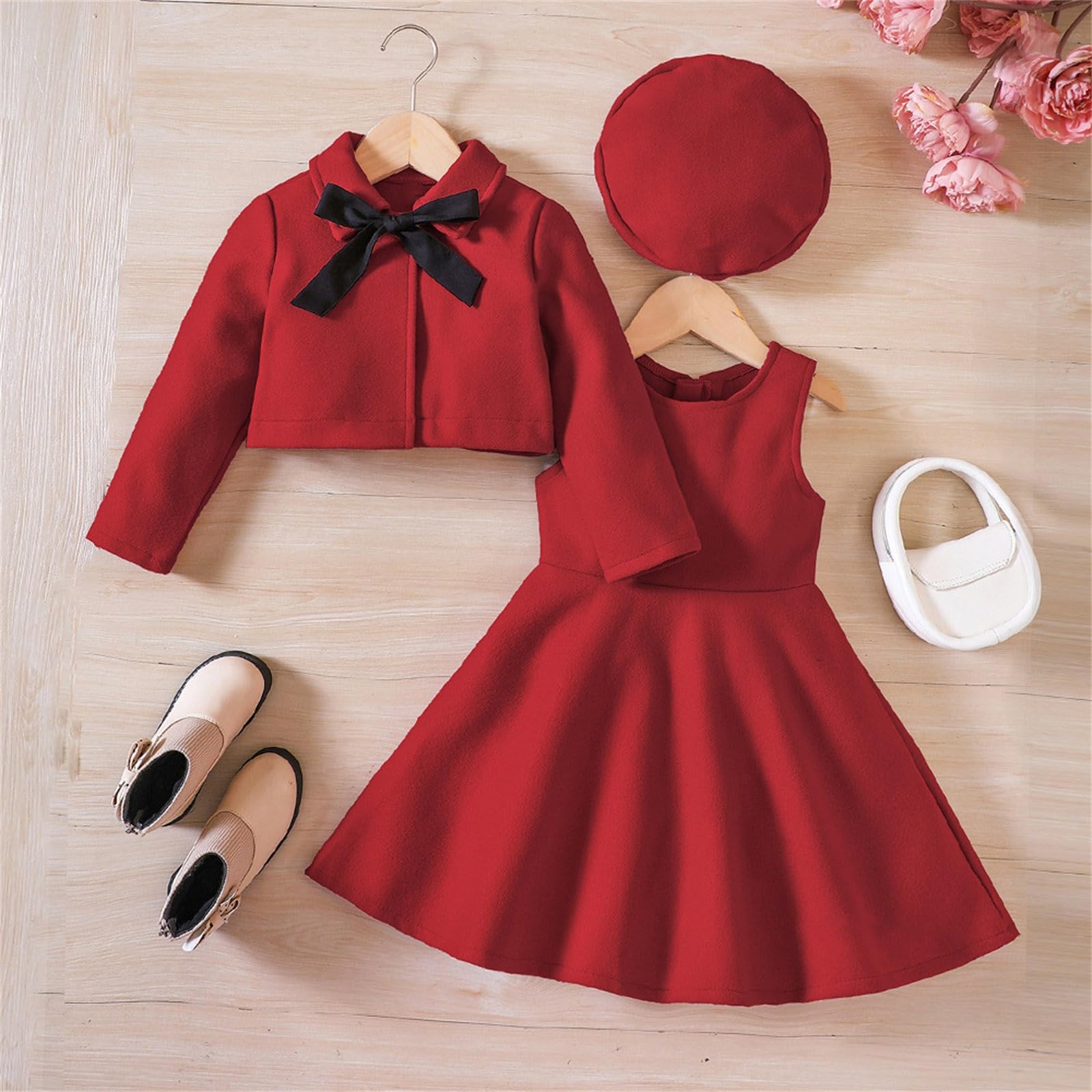 Completo 4 Anni Elegante Set da Tre Pezzi per Bambina, con Fiocco, Manica Lunga, in Lana, Gilet, Cappello, da 1 a 6 Anni Felpa Rossa 2 Anni