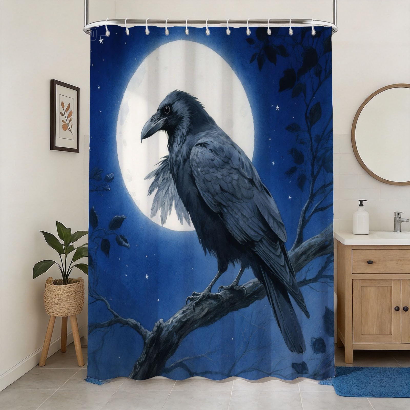 Hongduo 3D Moon Crow Shower Curtain for Stalls Bathtubs Dark Style Bathroom Decor Shower Curtain Set Polyester Fabric Waterproof 120x180cm/48X71 Inch with Hooks