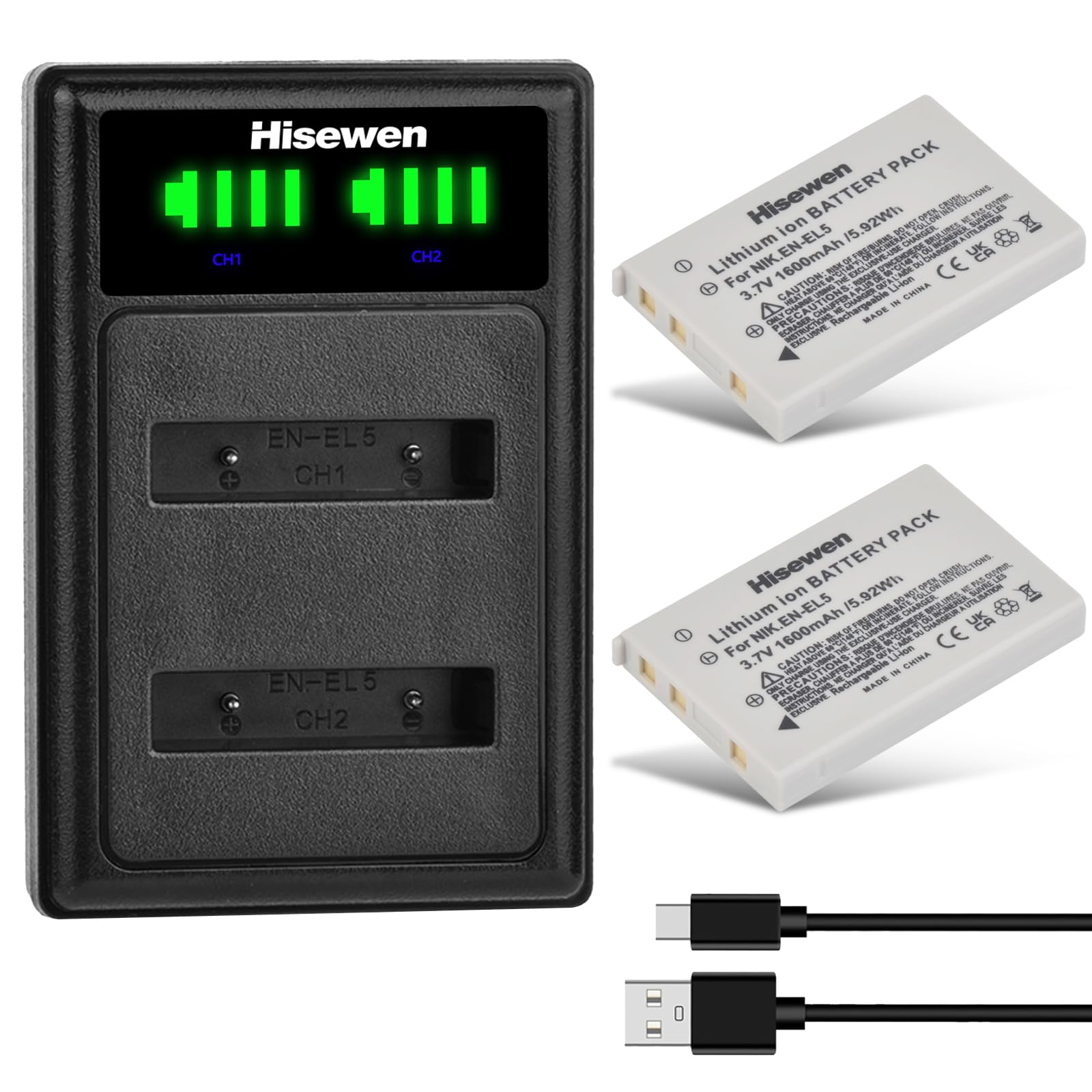 Amazon.com : Hisewen EN-EL5 Battery 2 Pack 1600mAh and Dual USB