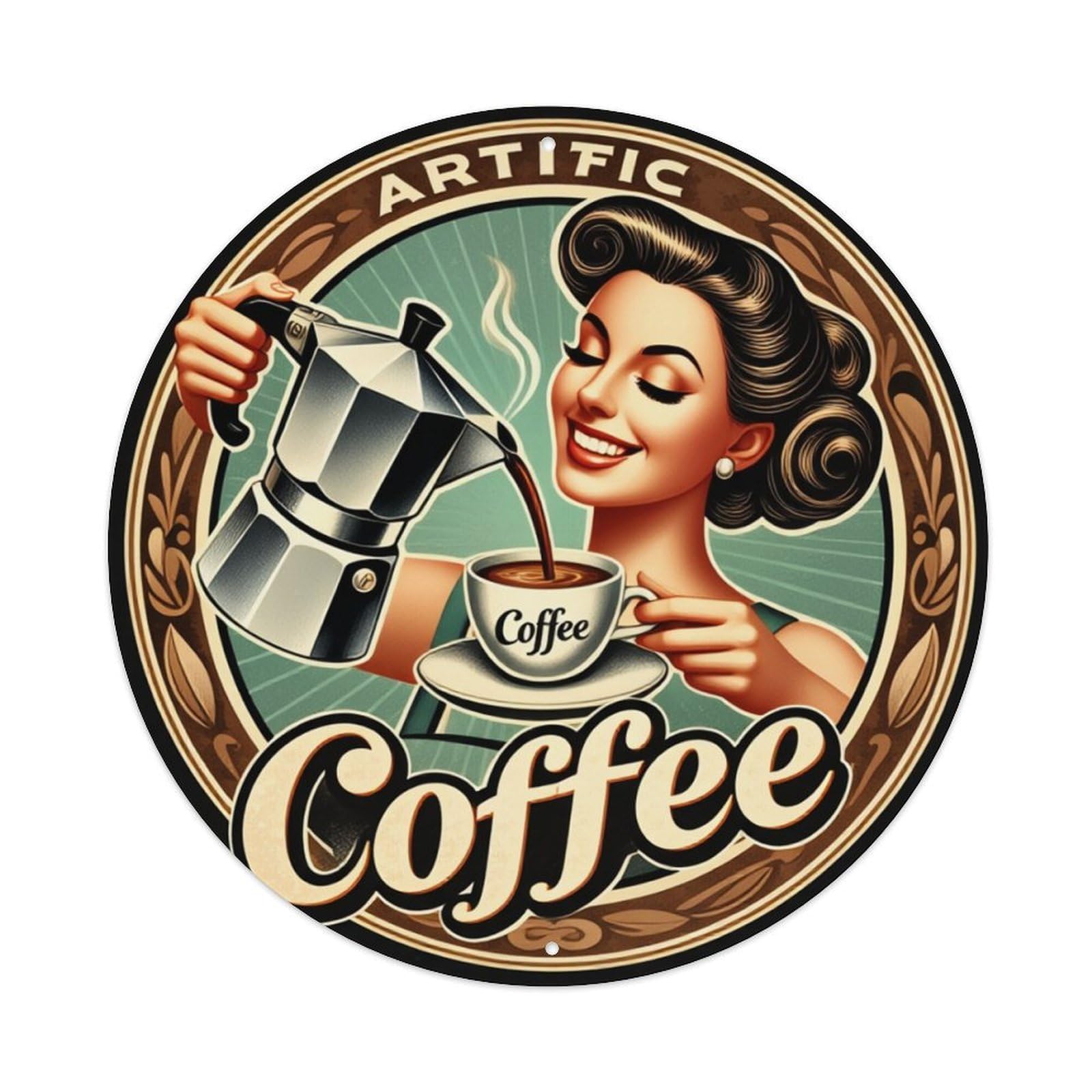 Retro Woman Pouring Coffee Art Round Tin Sign Retro Metal Sign for Cafe Bar Pub Home Game Room Gym Club Wall Decoration Vintage Metal Poster 8x8 Inch