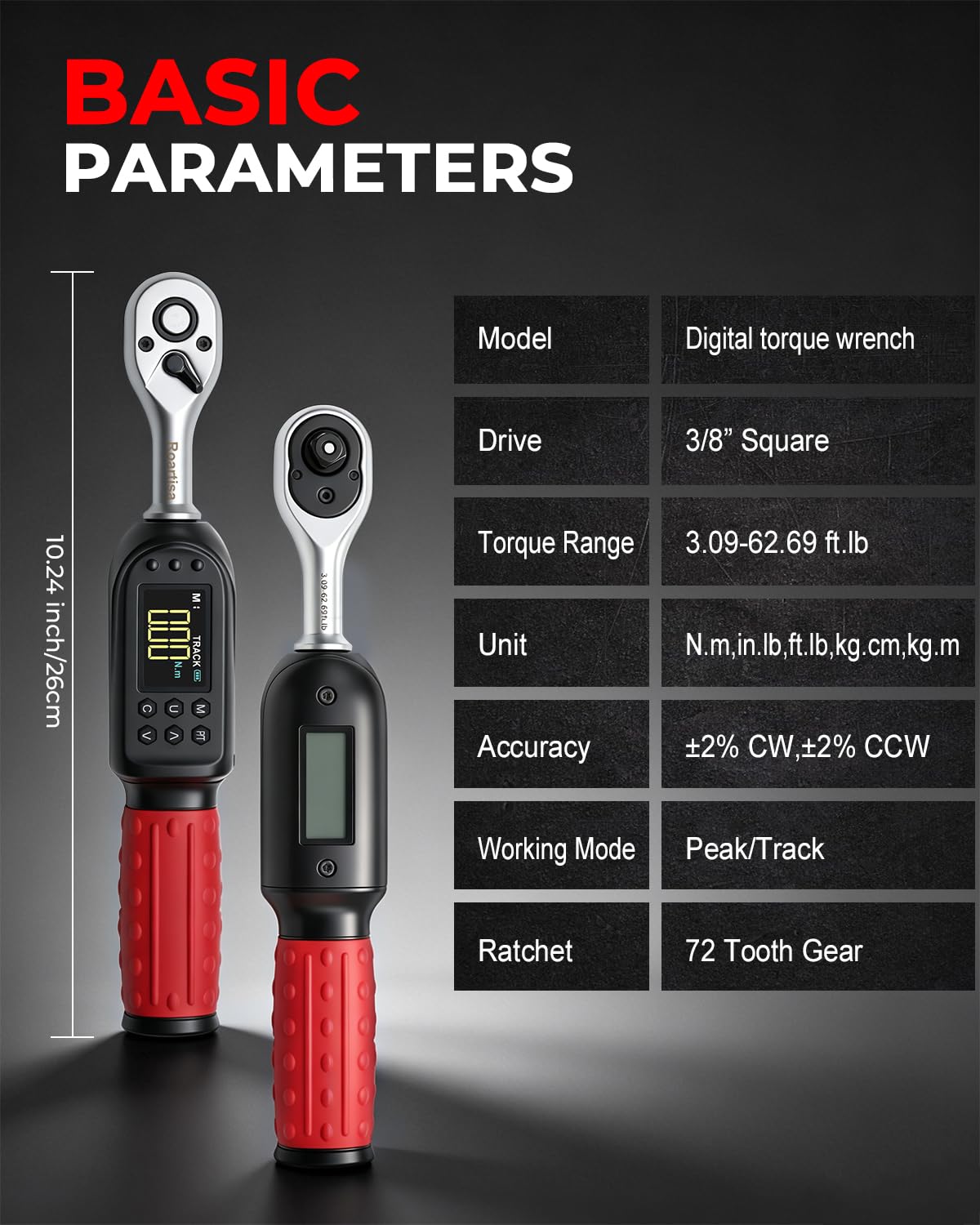 Llave dinamométrica digital de 3/8, ± 2% de alta precisión con zumbador y notificación de flash LED, 5 unidades y 8 preajustes de memoria (3.09-62.69 pies libras/4.2-85 N.m)