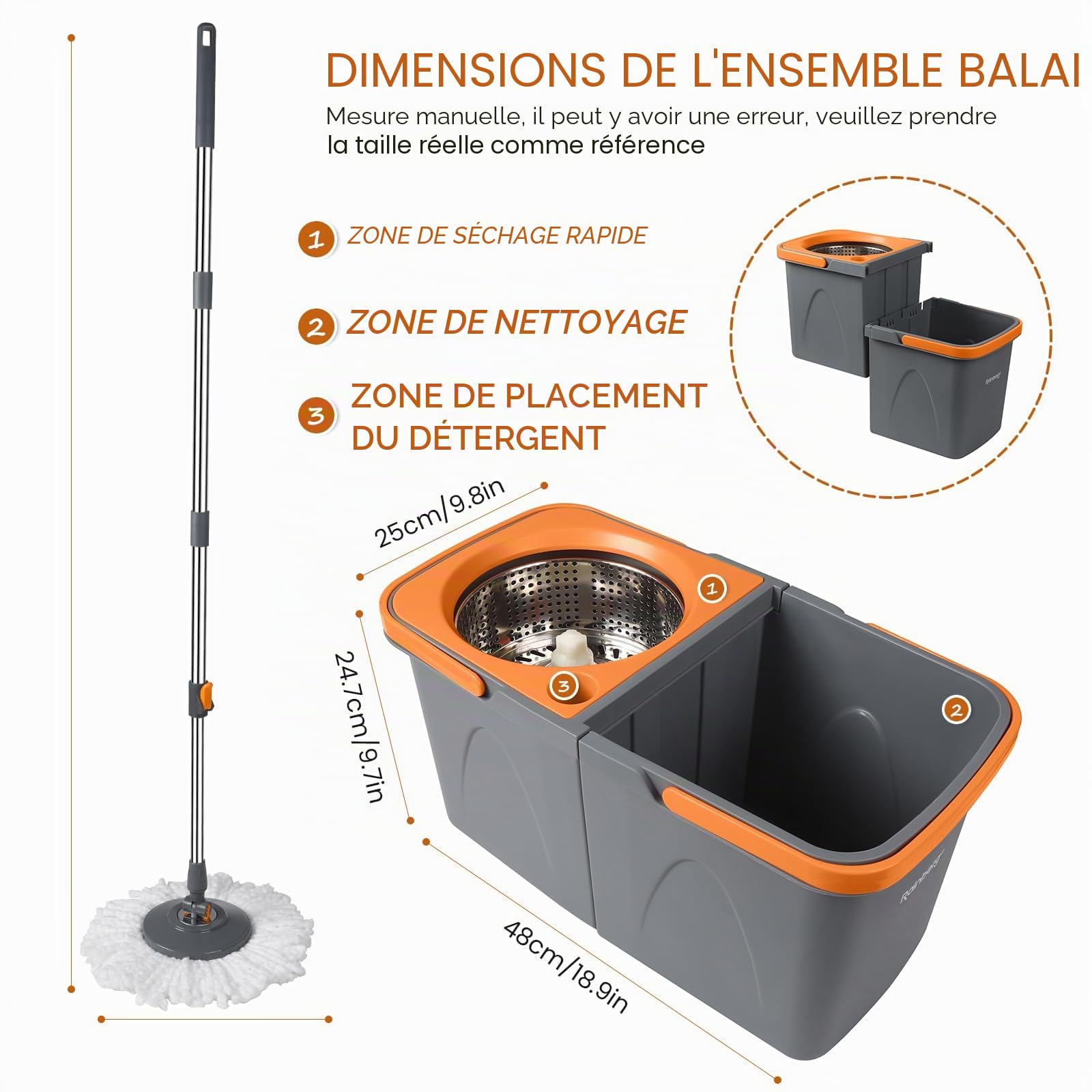 Rainberg Ensemble serpillère et Seau avec 3 têtes supplémentaires, Manche Extensible de 130 cm, têtes en Microfibre lavables en Machine, système d'essorage Automatique, Gris et Orange